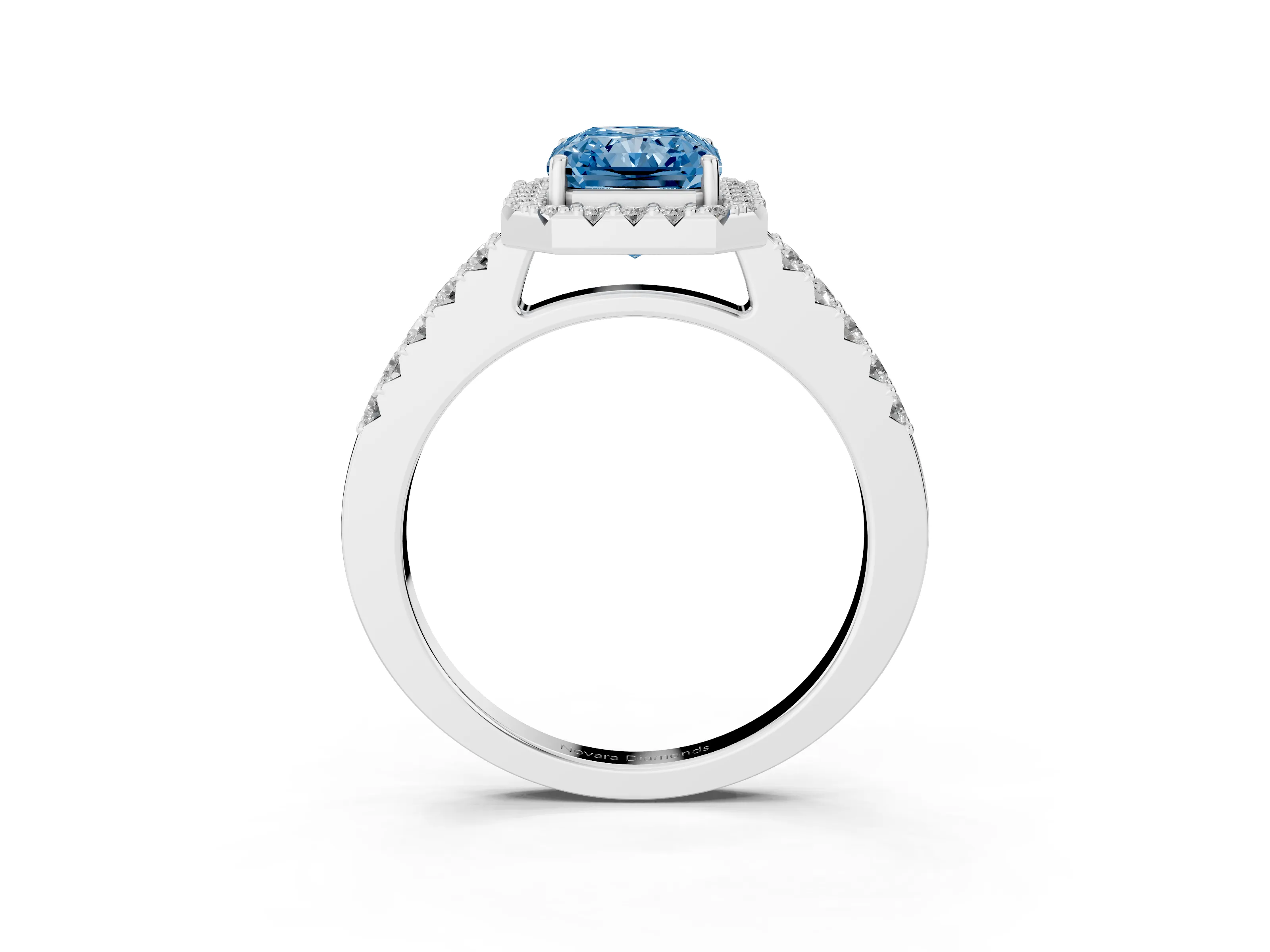 Fancy Blue Radiant Cut Diamond Halo Pavé Solitaire Ring Set in Platinum with Prong-Set Center Stone