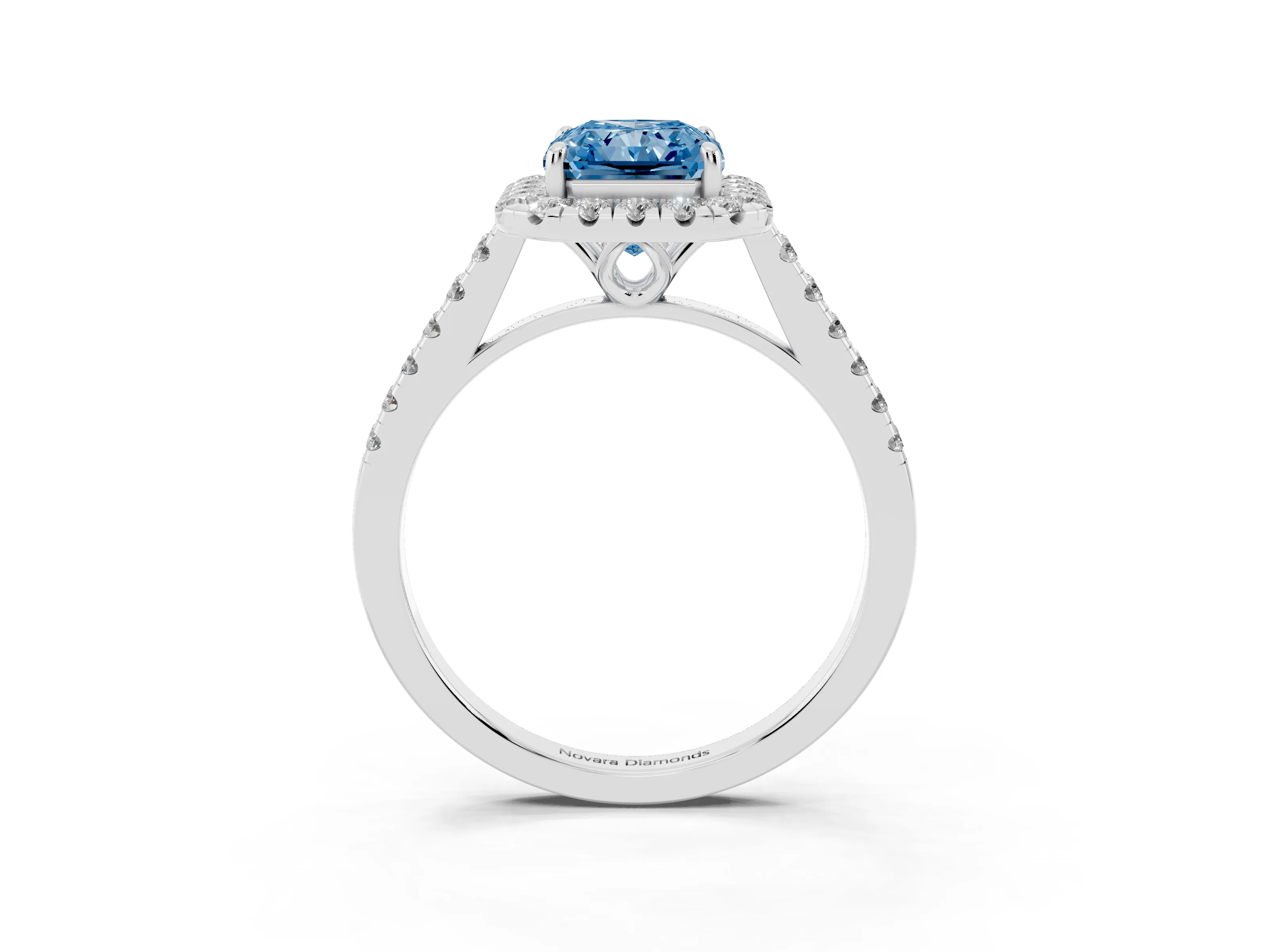 Fancy Blue Radiant Cut Diamond Pavé Halo Engagement Ring Set in White gold with Pavé Band and Prong Setting