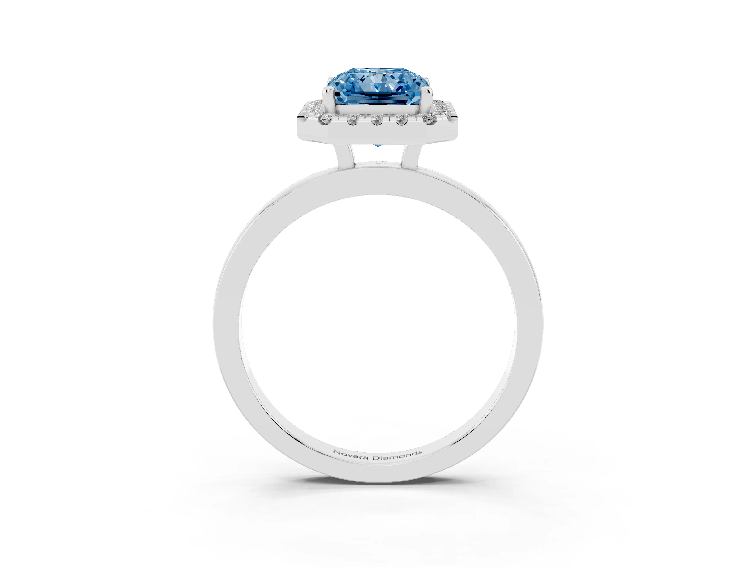 Fancy Blue Radiant Cut Diamond Halo Solitaire Ring Set in Silver with Pavé Band and Prong Setting
