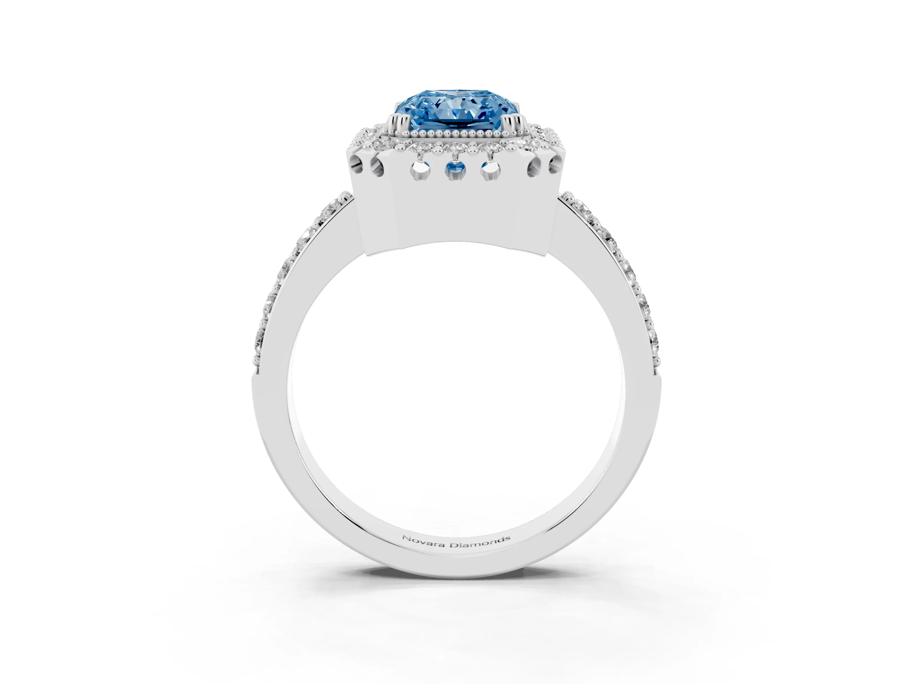 Fancy Blue Radiant Cut Diamond Halo Ring Set in White gold with Pavé Shank and Prong Setting