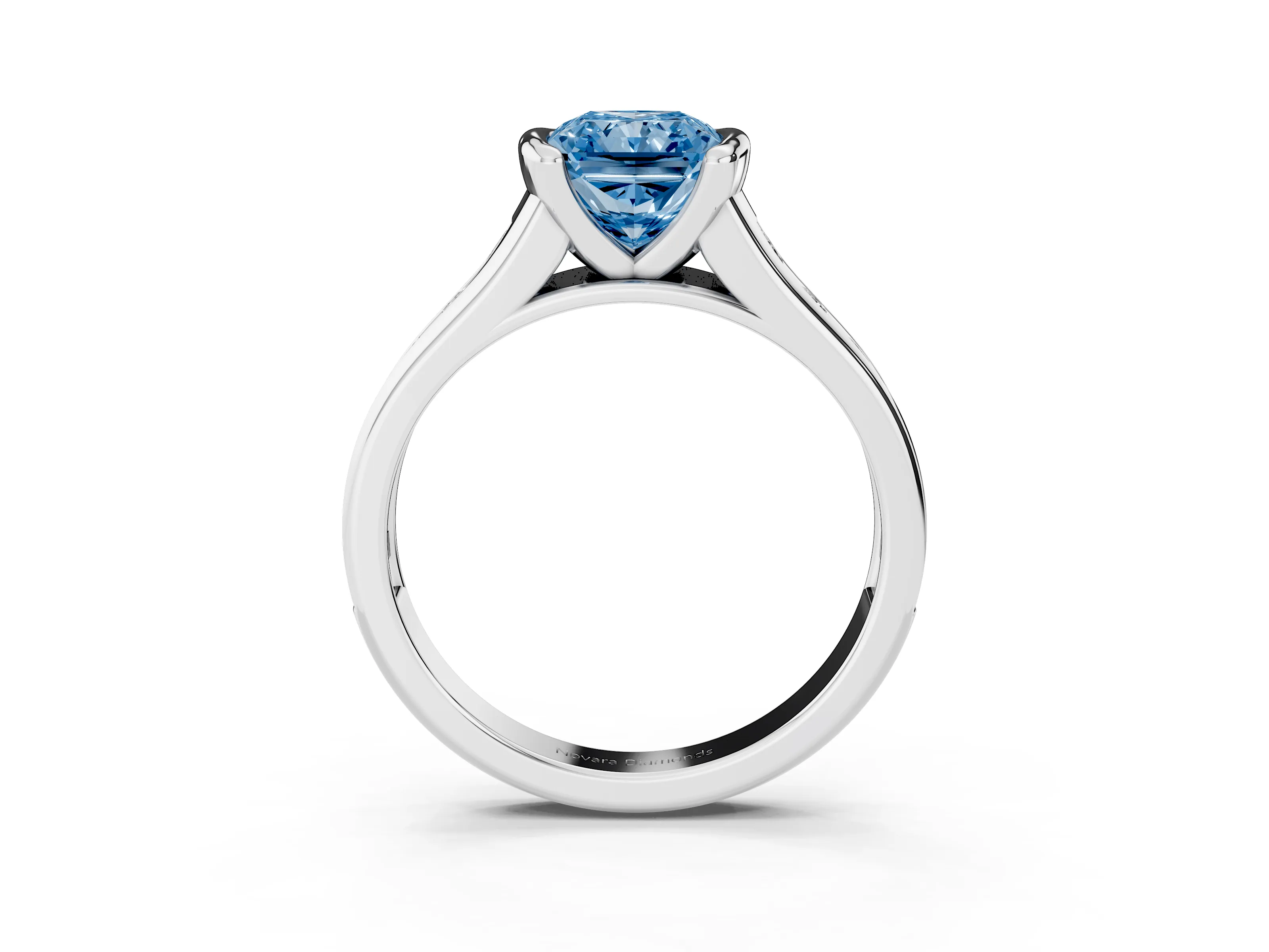 Fancy Blue Radiant Cut Diamond Bezel-Set Solitaire Ring Set in White gold with Channel-Set Band
