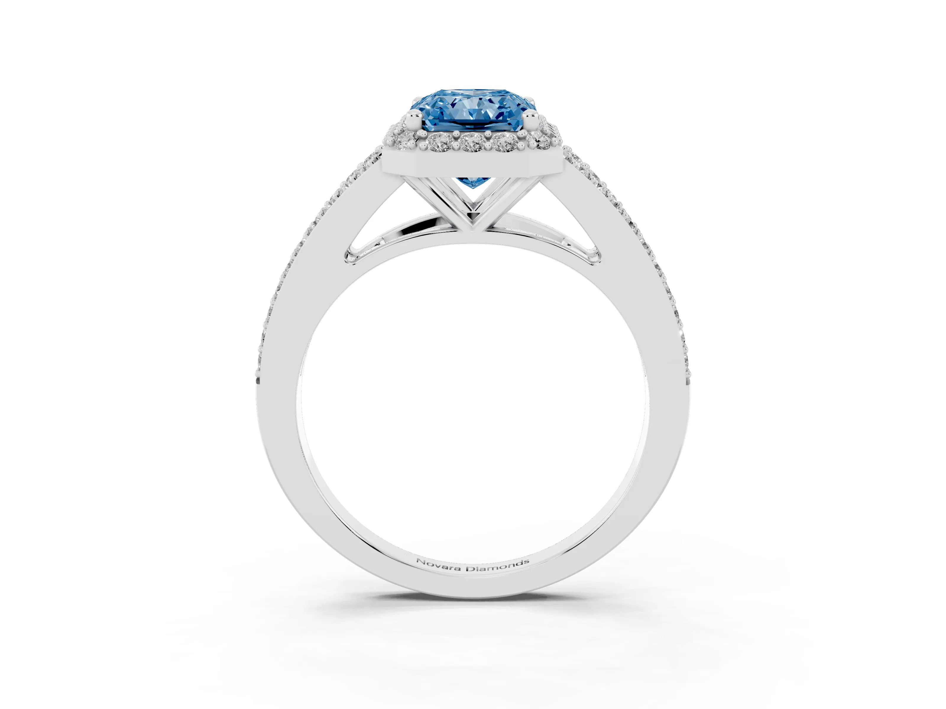 Fancy Blue Radiant Cut Diamond Halo Split Shank Pavé Ring Set in Silver with Prong Setting