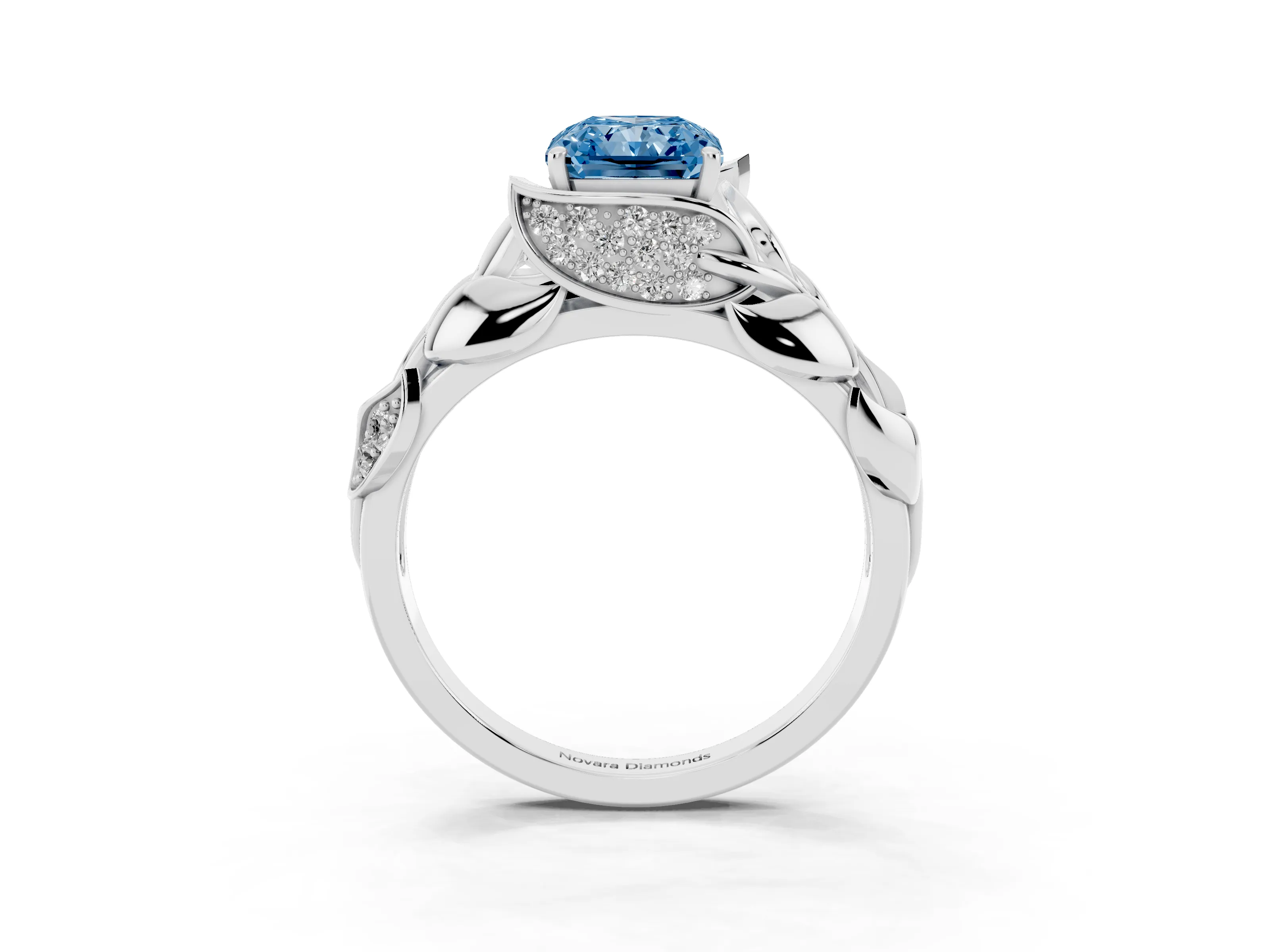 Fancy Blue Radiant Cut Diamond Leaf-Inspired Engagement Ring Set in Silver with Round Accents