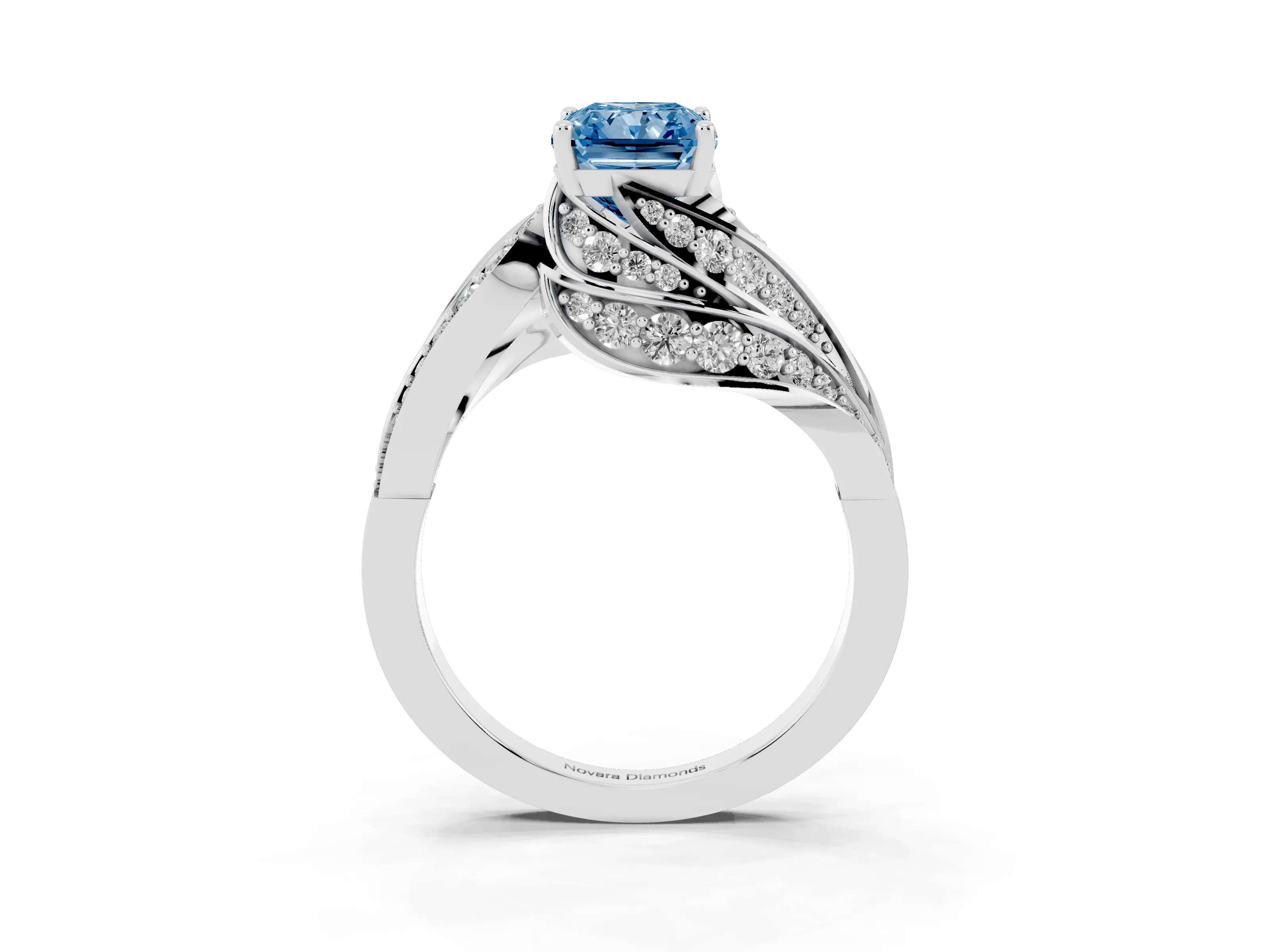 Fancy Blue Radiant Cut Diamond Solitaire Ring Set in White gold with Layered Twist Pavé Band