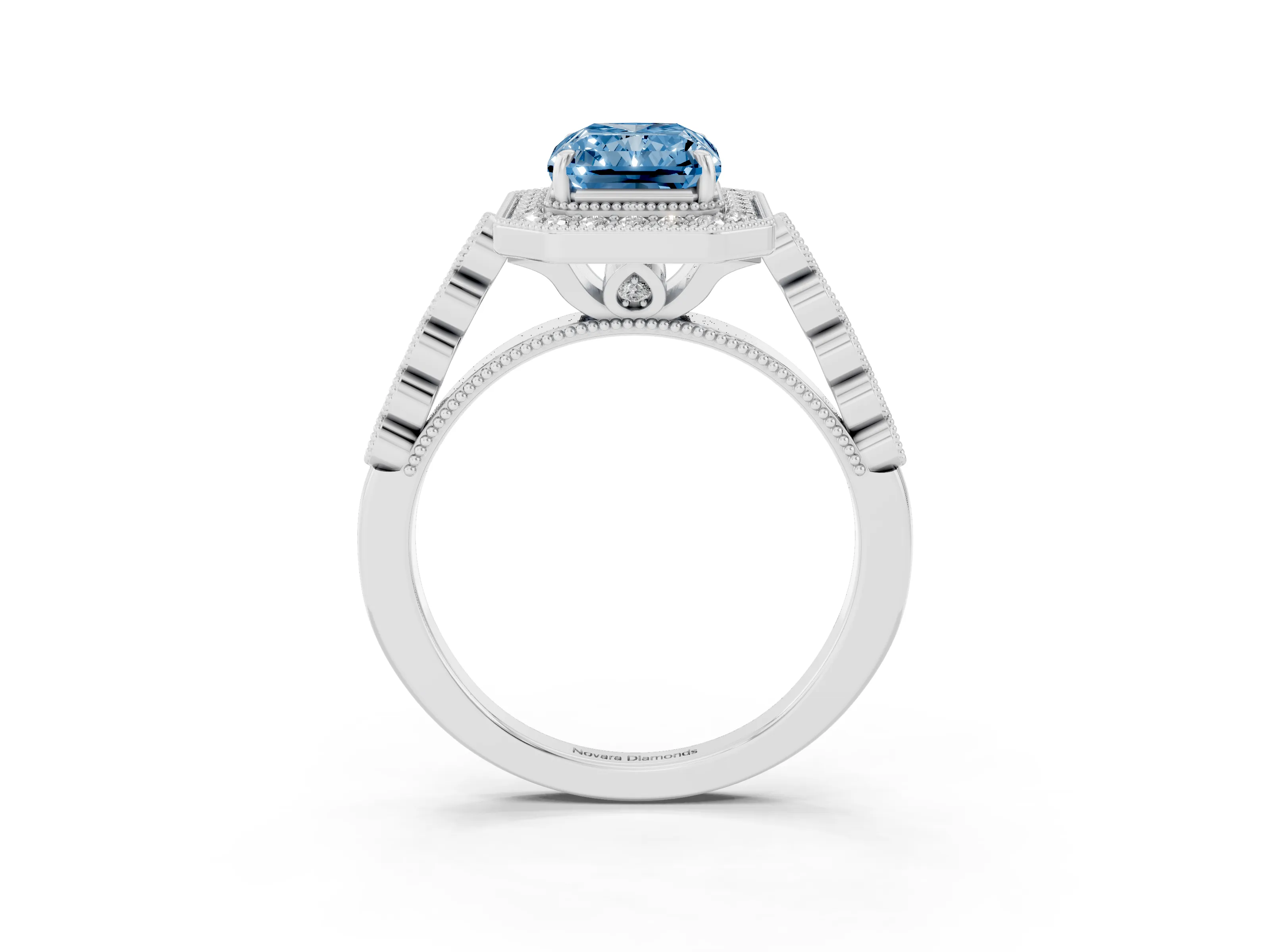 Fancy Blue Radiant Cut Diamond Milgrain Halo Solitaire Ring Set in Platinum with Bezel Set Side Stones and Pavé Band