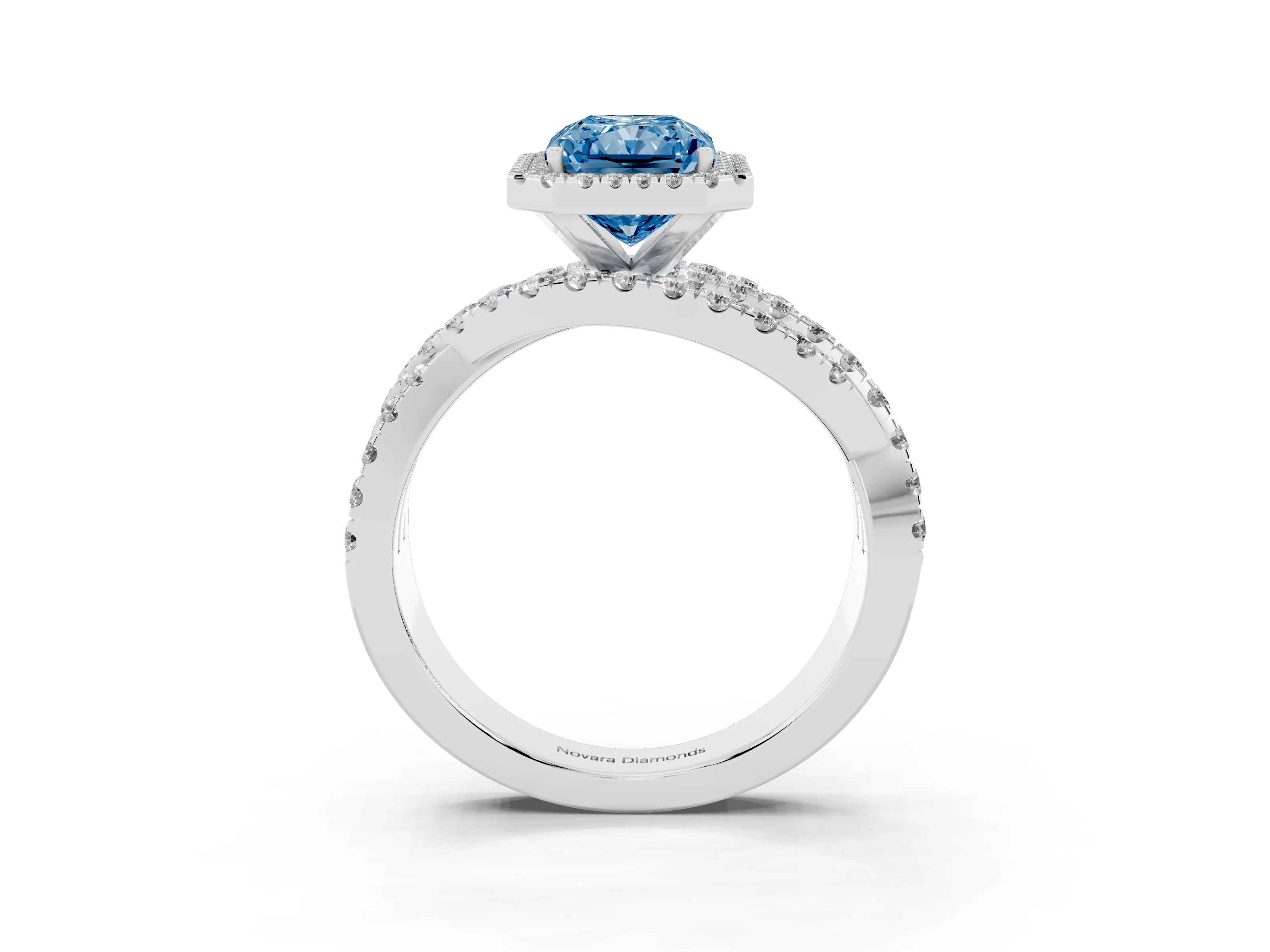 Fancy Blue Radiant Cut Diamond Halo Ring Set in Platinum with Round Crossover Split Shank and Prong Setting