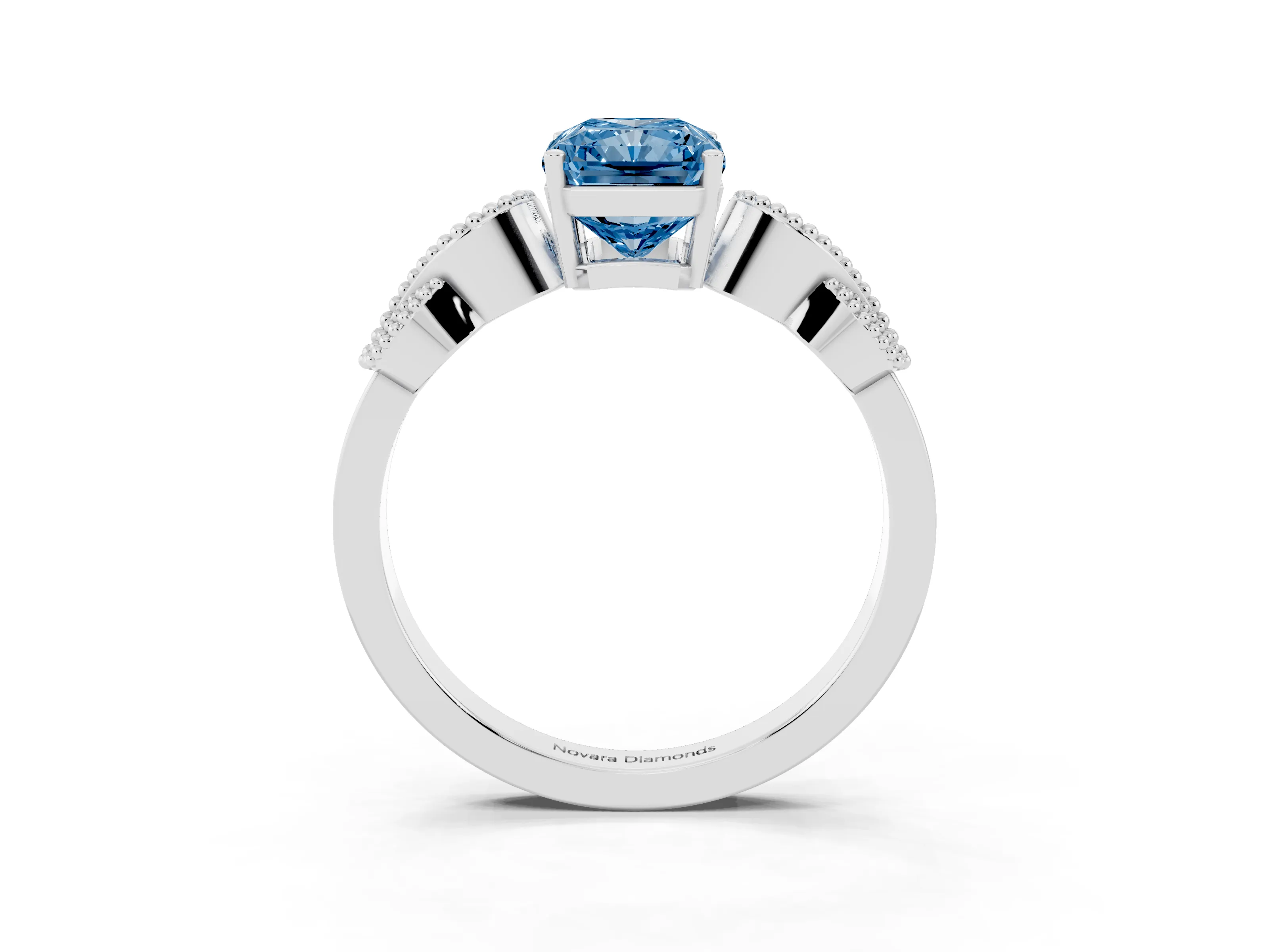 Fancy Blue Radiant Cut Diamond Milgrain Leaf Band Solitaire Ring Set in Platinum with Accent Stones and Prong Setting