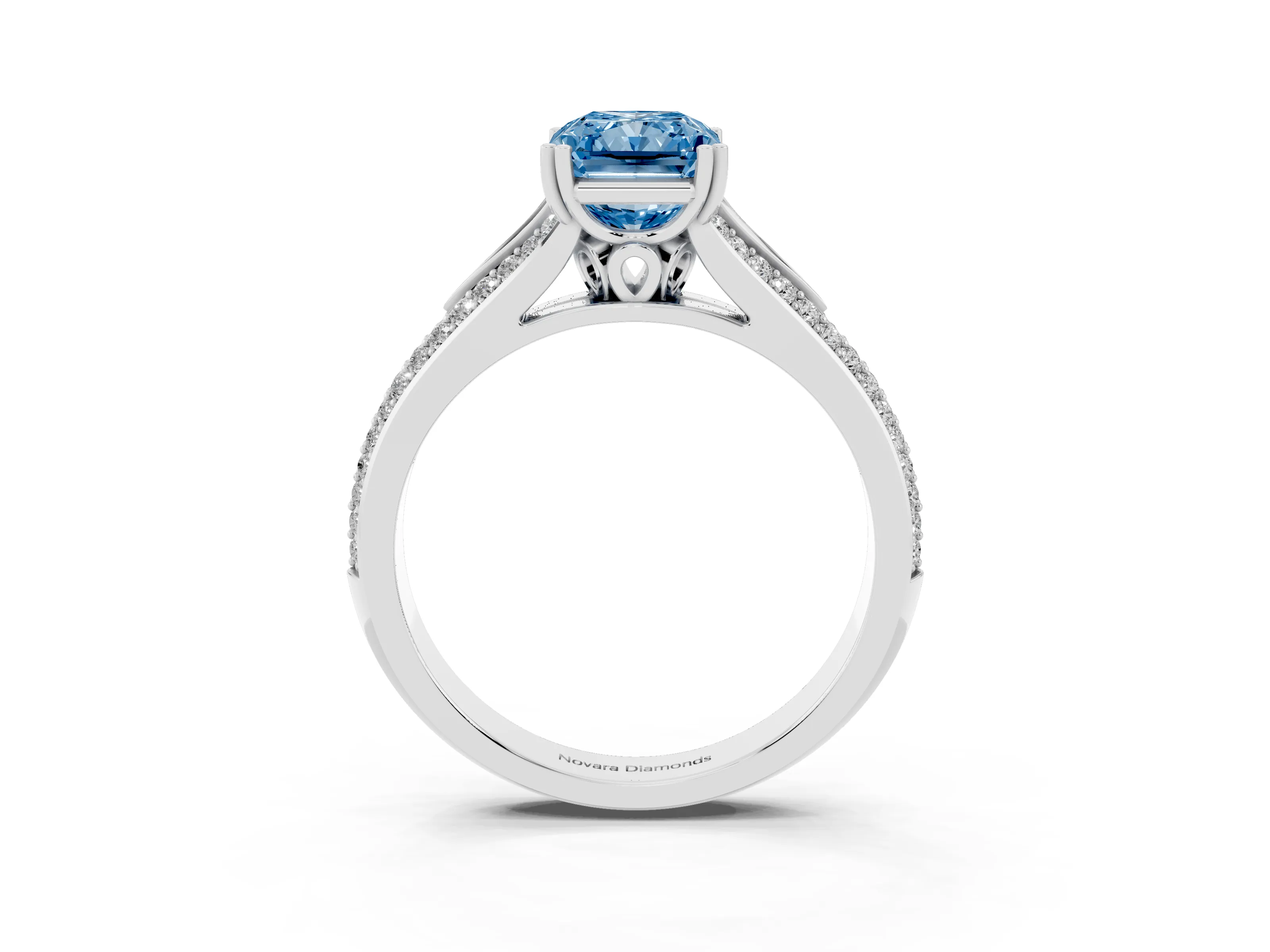 Fancy Blue Radiant Cut Diamond Split Shank Pavé Engagement Ring Set in Platinum with Prong-Set Center Stone