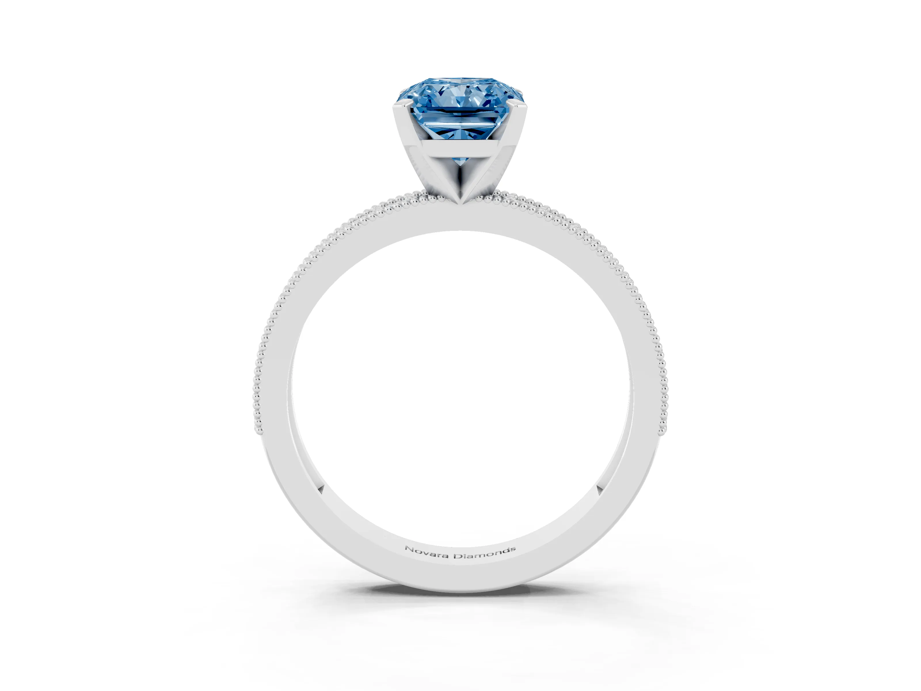 Fancy Blue Radiant Cut Diamond Milgrain Pavé Engagement Ring Set in White gold with Prong Setting