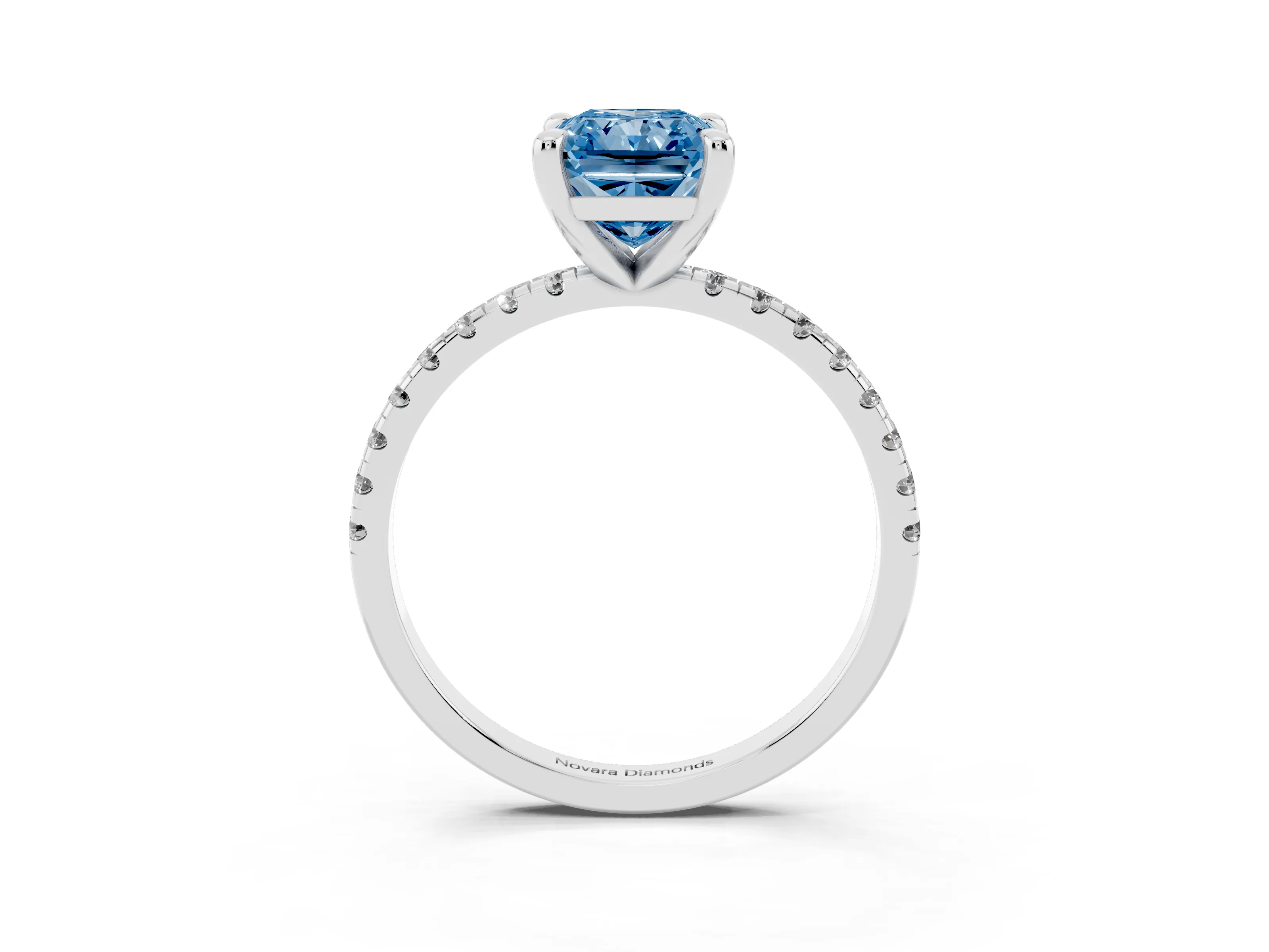 Fancy Blue Radiant Cut Diamond Brilliant Solitaire Ring Set in Platinum with Pavé Band and Prong Setting