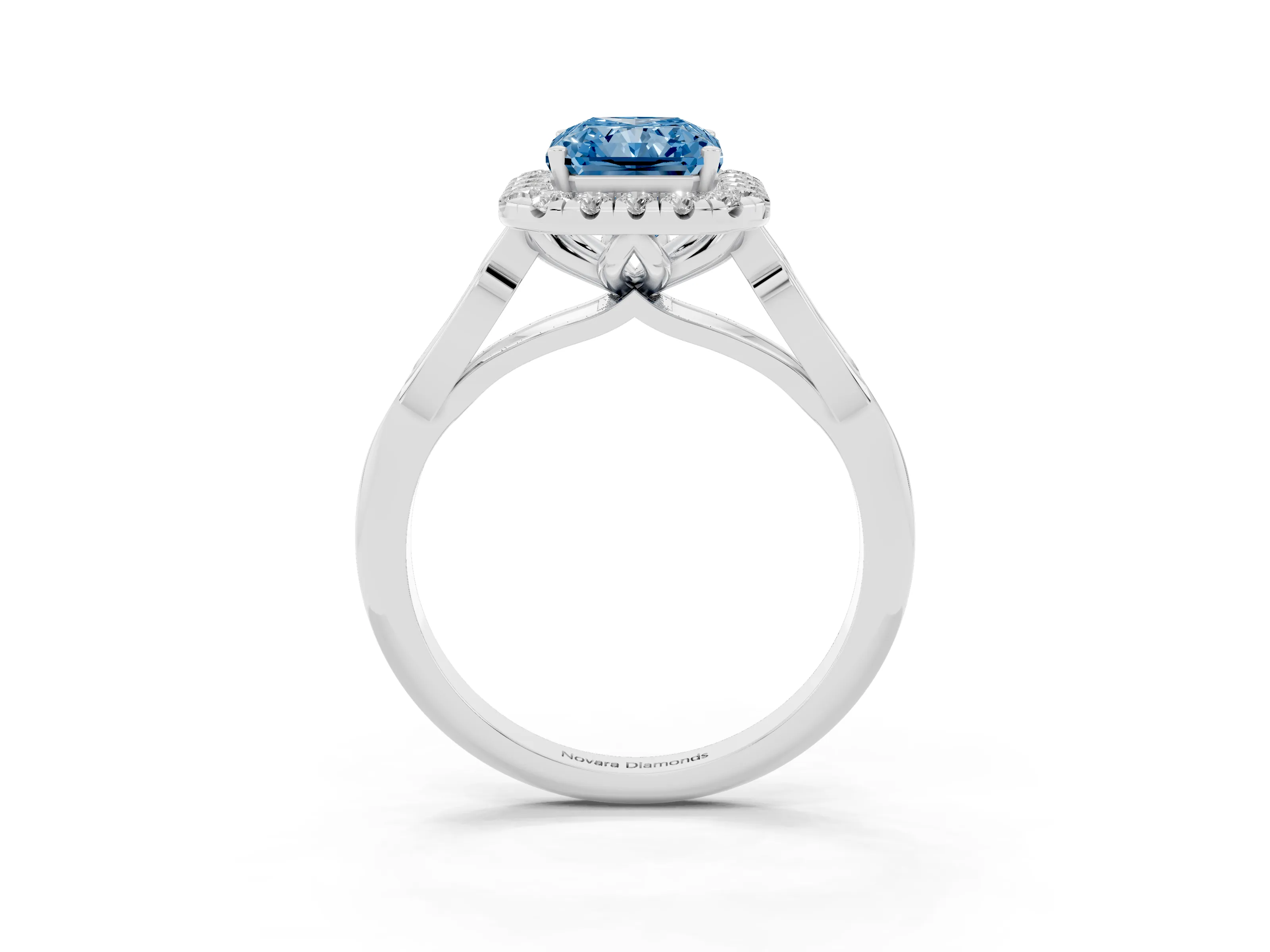 Fancy Blue Radiant Cut Diamond Halo Engagement Ring Set in White gold with Filigree Band and Prong-Set Center
