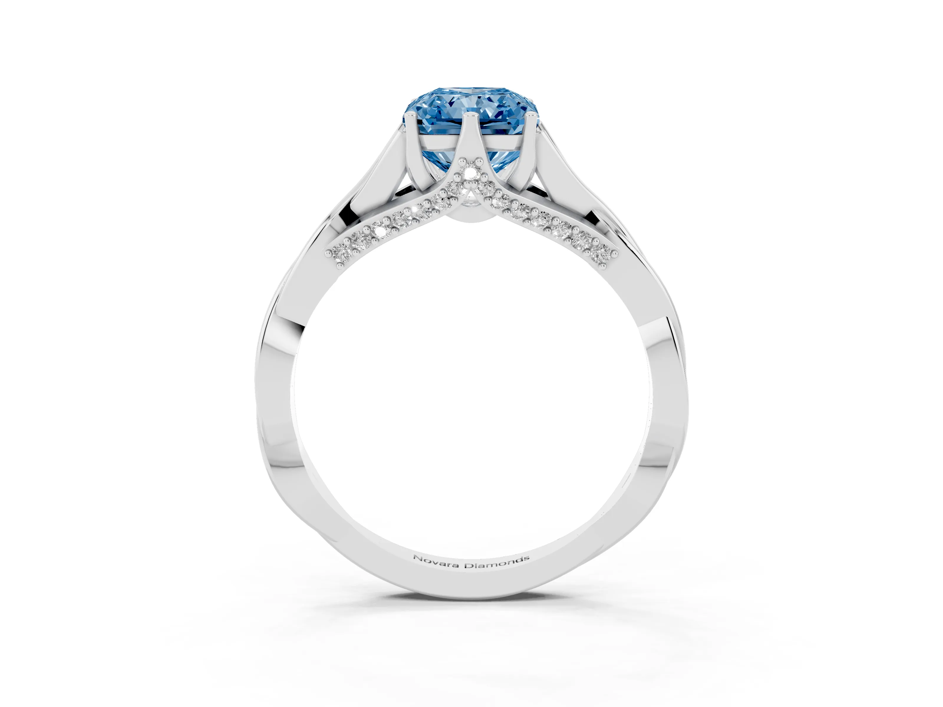 Fancy Blue Radiant Cut Diamond Intertwined Twist Band Solitaire Ring Set in White gold with Prong Setting