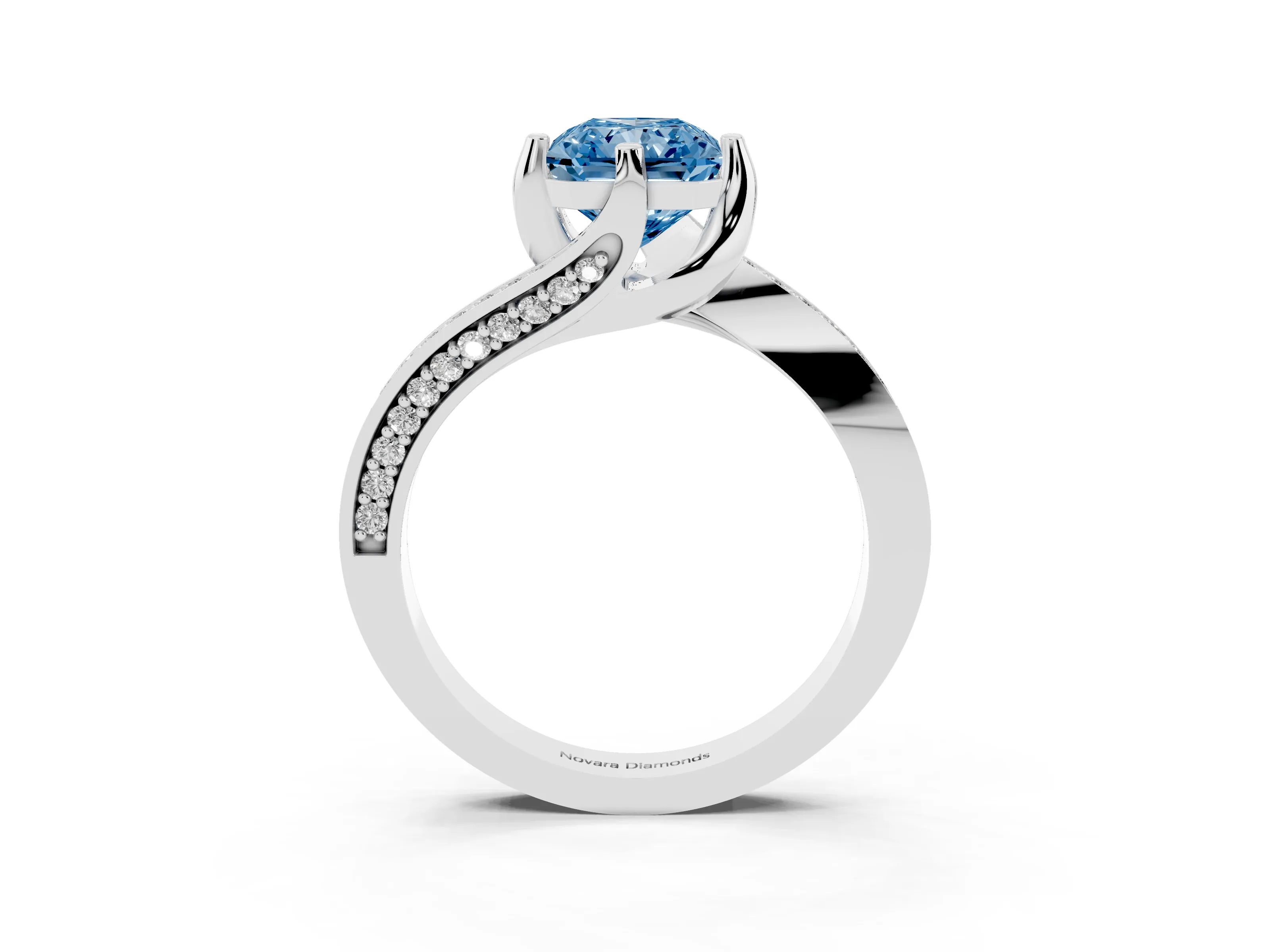 Fancy Blue Radiant Cut Diamond Solitaire Ring Set in Platinum with Intertwined Pavé Twist Band