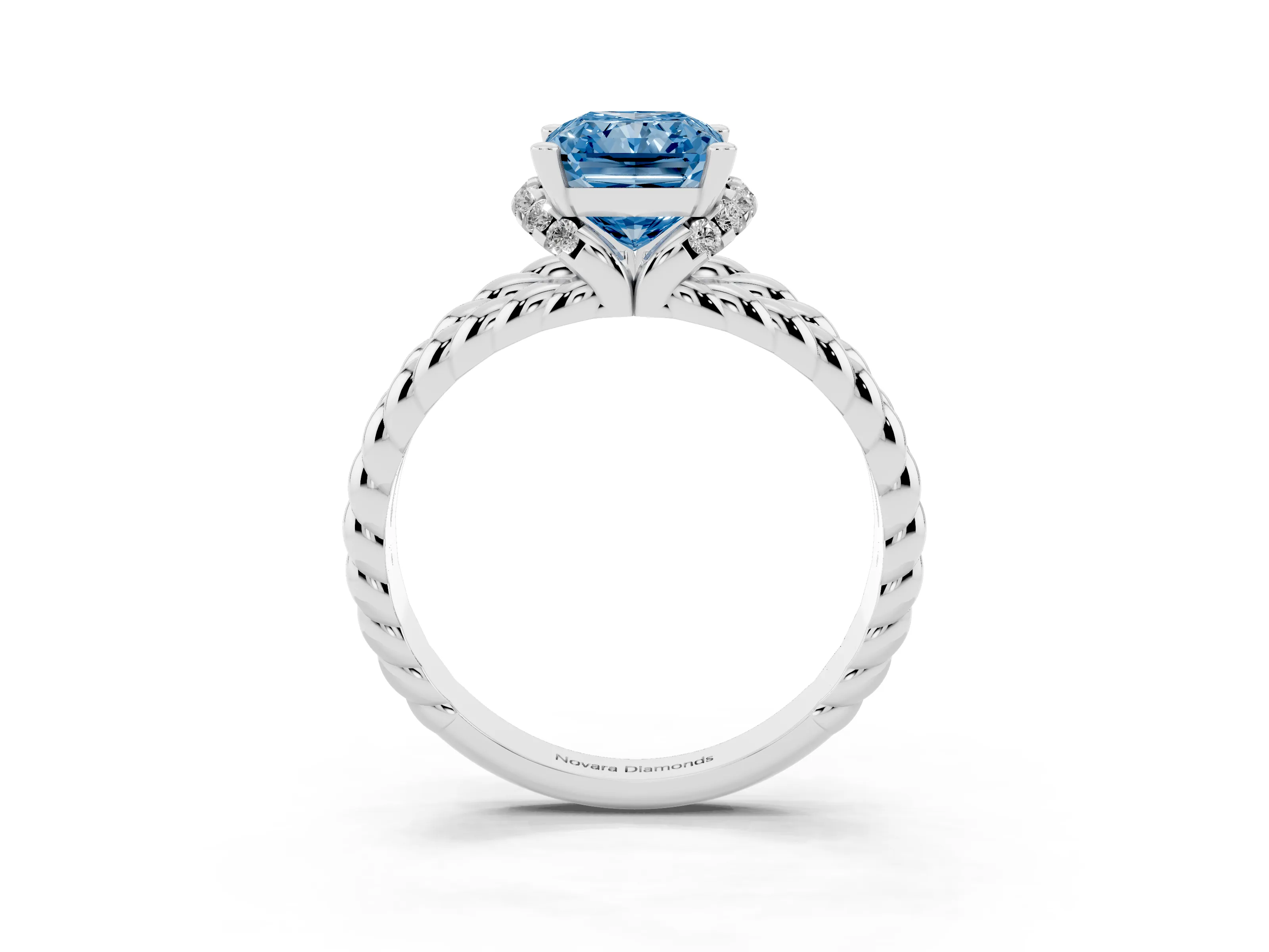 Fancy Blue Radiant Cut Diamond Halo Ring Set in White gold with Twisted Band and Prong Setting