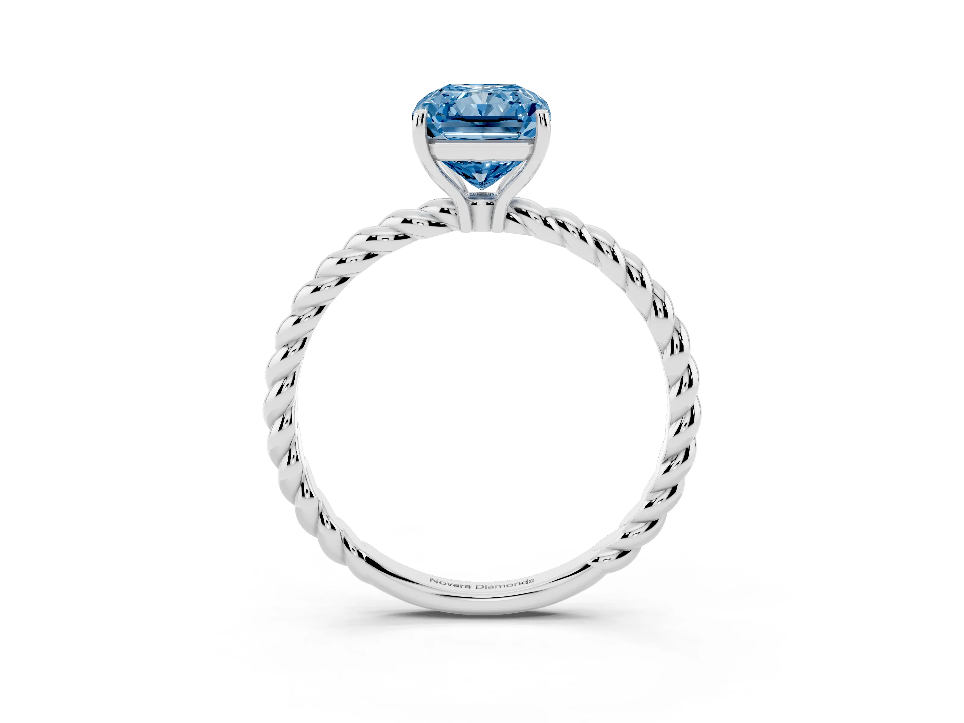 Fancy Blue Radiant Cut Diamond Solitaire Ring Set in White gold with Twist Band and Prong Setting