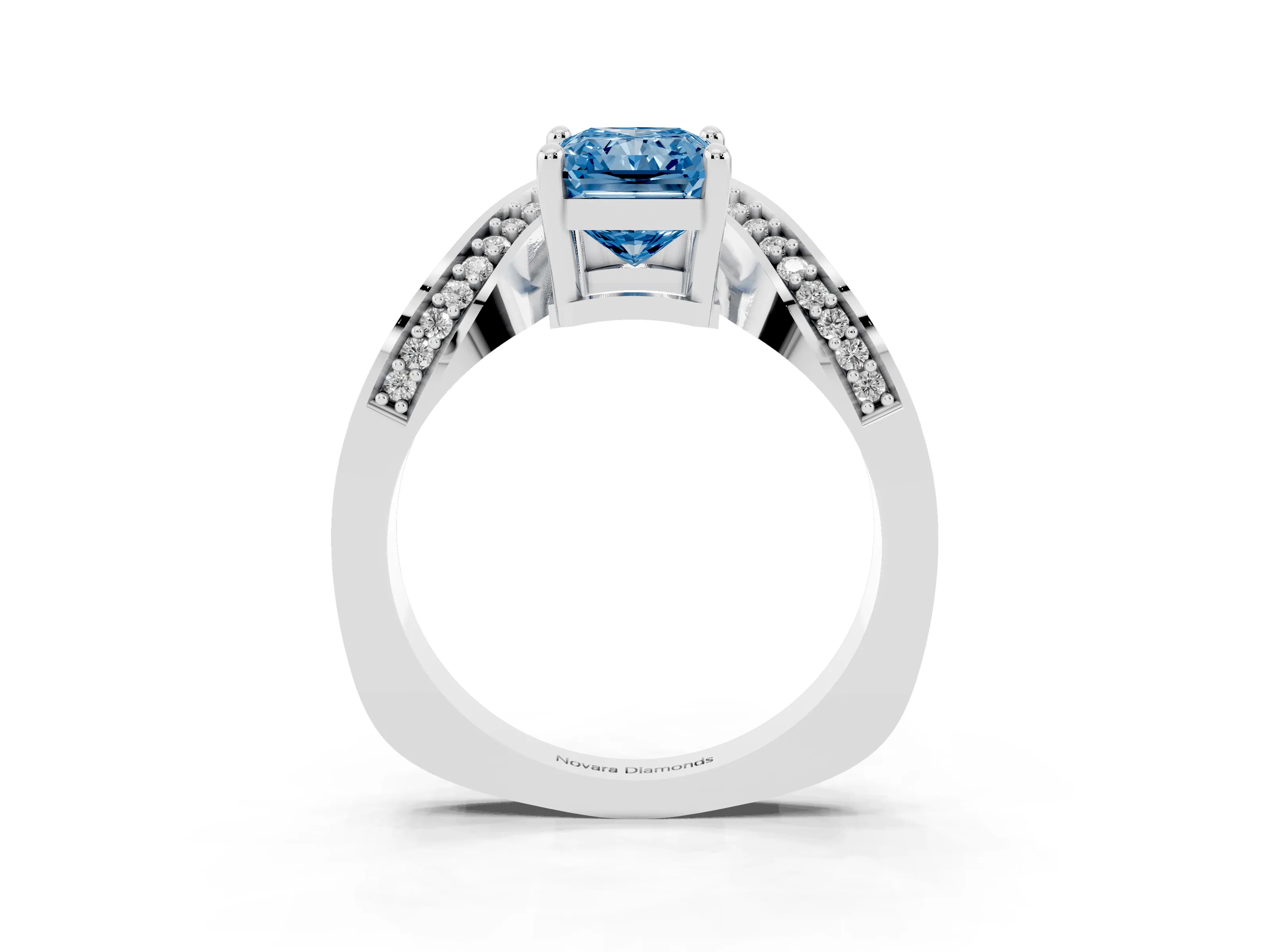 Fancy Blue Radiant Cut Diamond Solitaire Engagement Ring Set in Platinum with Pavé Shoulders