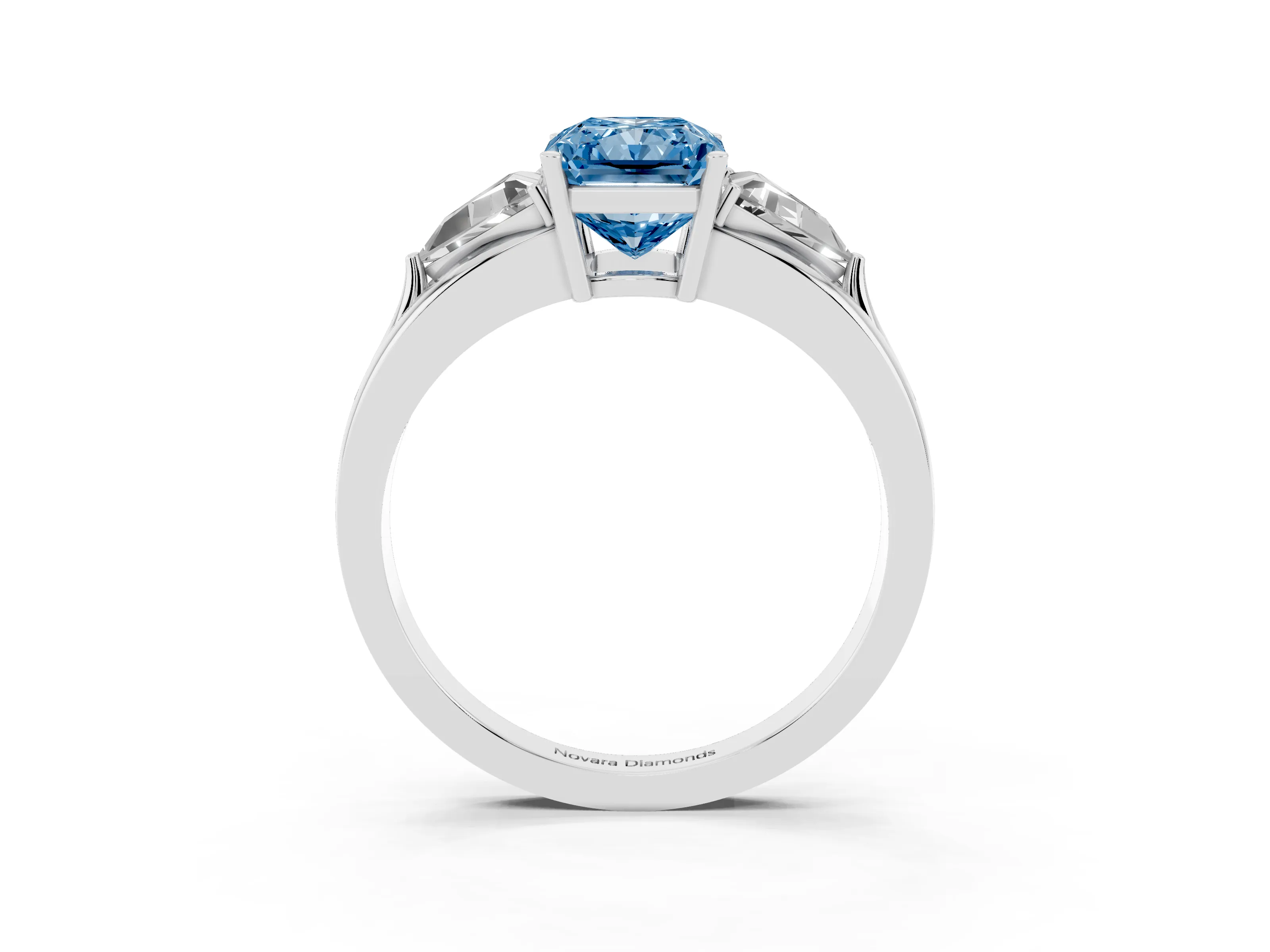 Fancy Blue Radiant Cut Diamond Three-Stone Ring Set in Silver with Trillion Side Stones and Split Shank