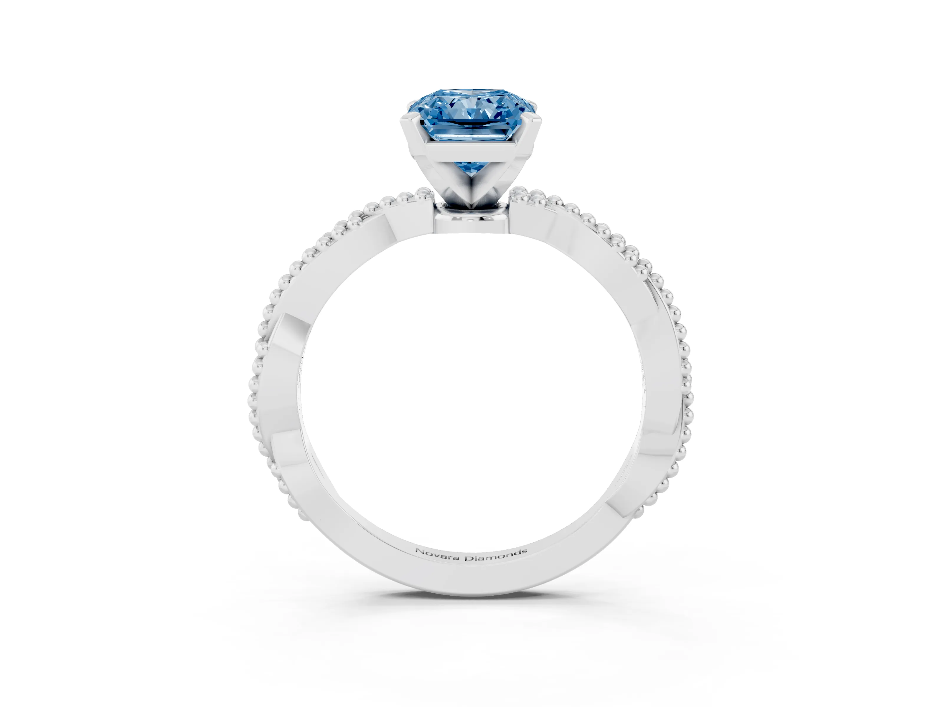 Fancy Blue Radiant Cut Diamond Solitaire Ring Set in Silver with Twisted Band and Bead Prong Setting