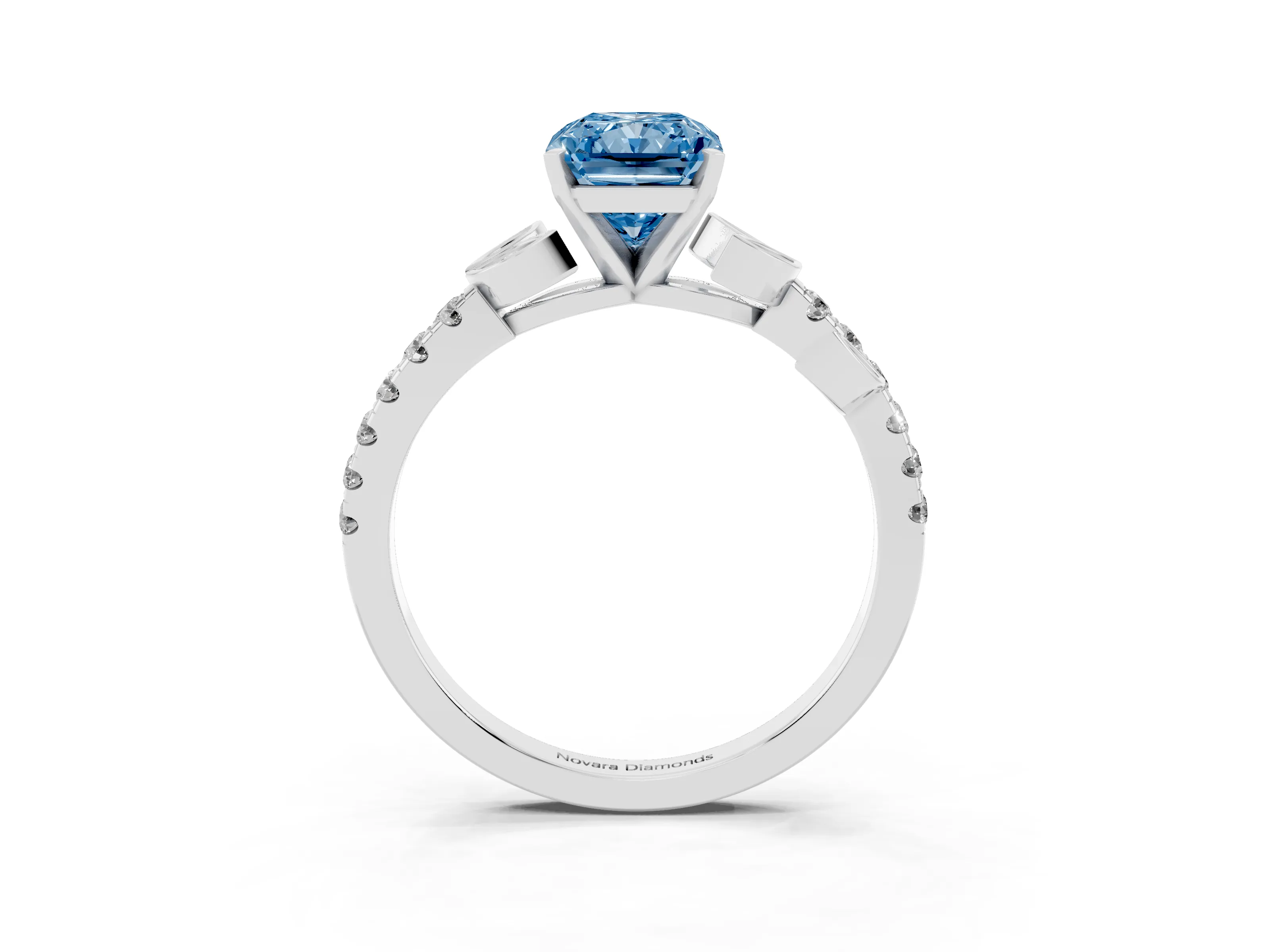 Fancy Blue Radiant Cut Diamond Solitaire Leaf-Inspired Ring Set in Silver with Pavé Band and Prong Setting