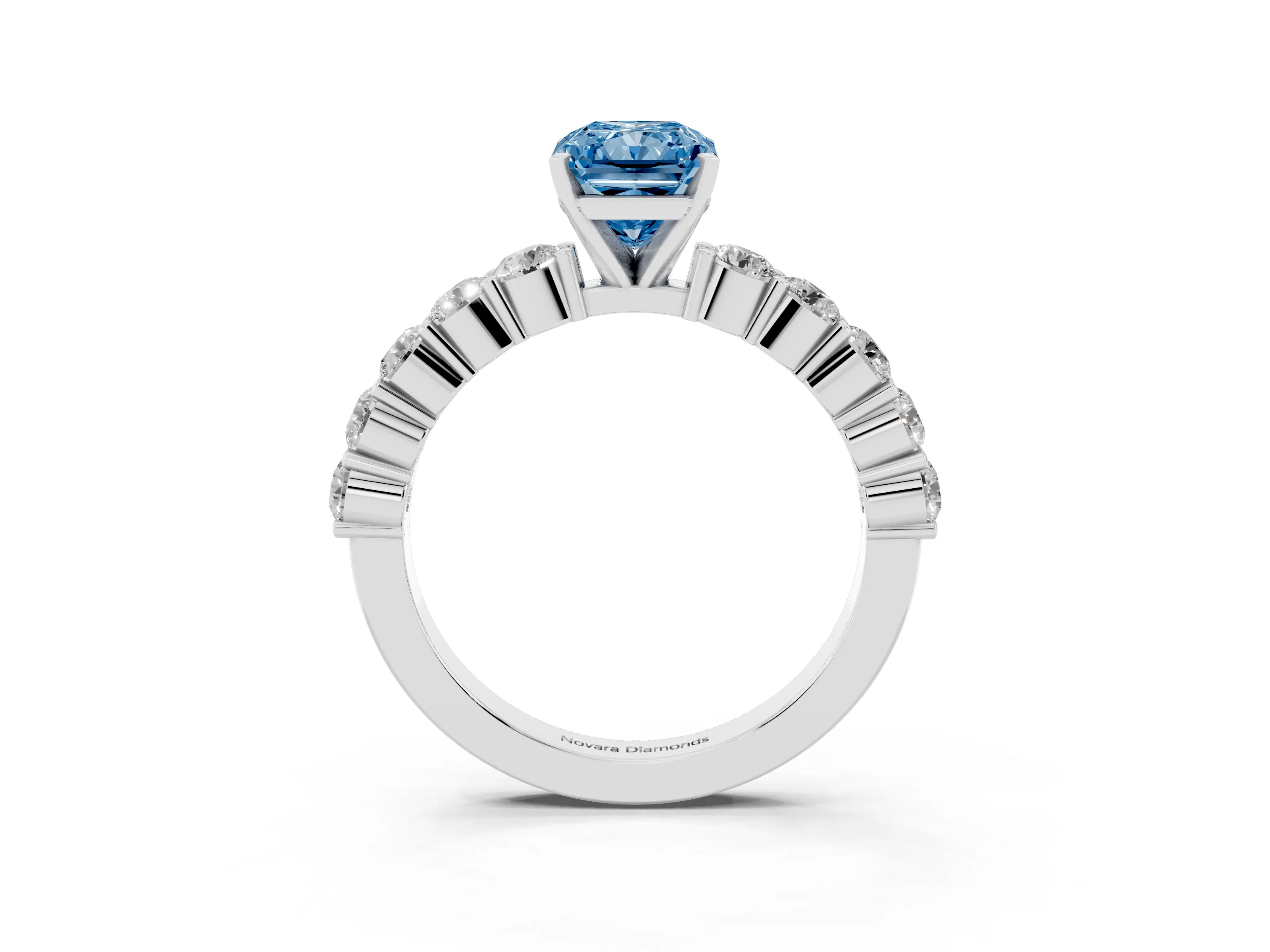 Fancy Blue Radiant Cut Diamond Solitaire Ring Set in Silver with Shared Prong Round Side Stones