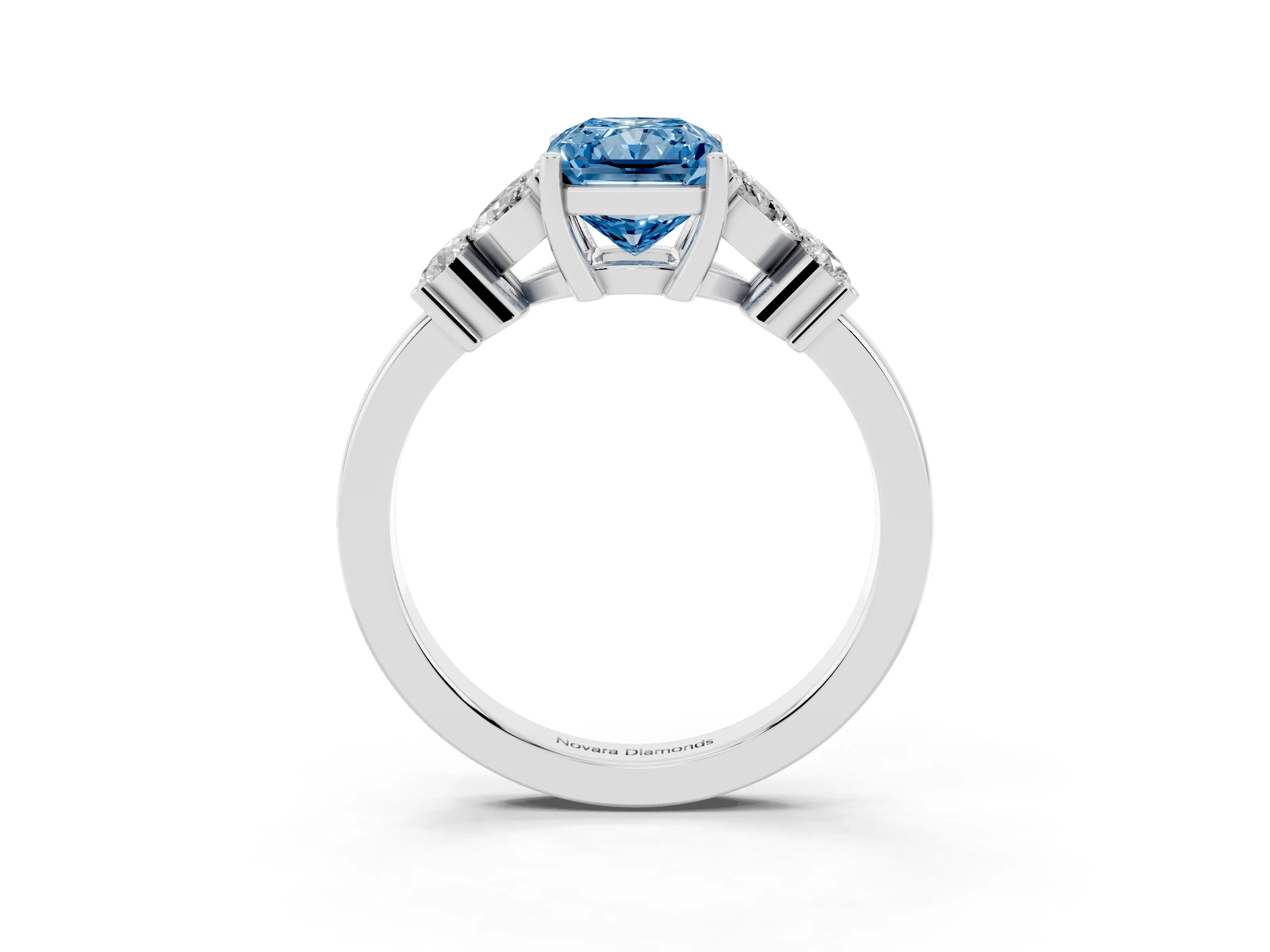 Fancy Blue Radiant Cut Diamond Floral Cluster Ring Set in Silver with Marquise Petals and Prong Setting