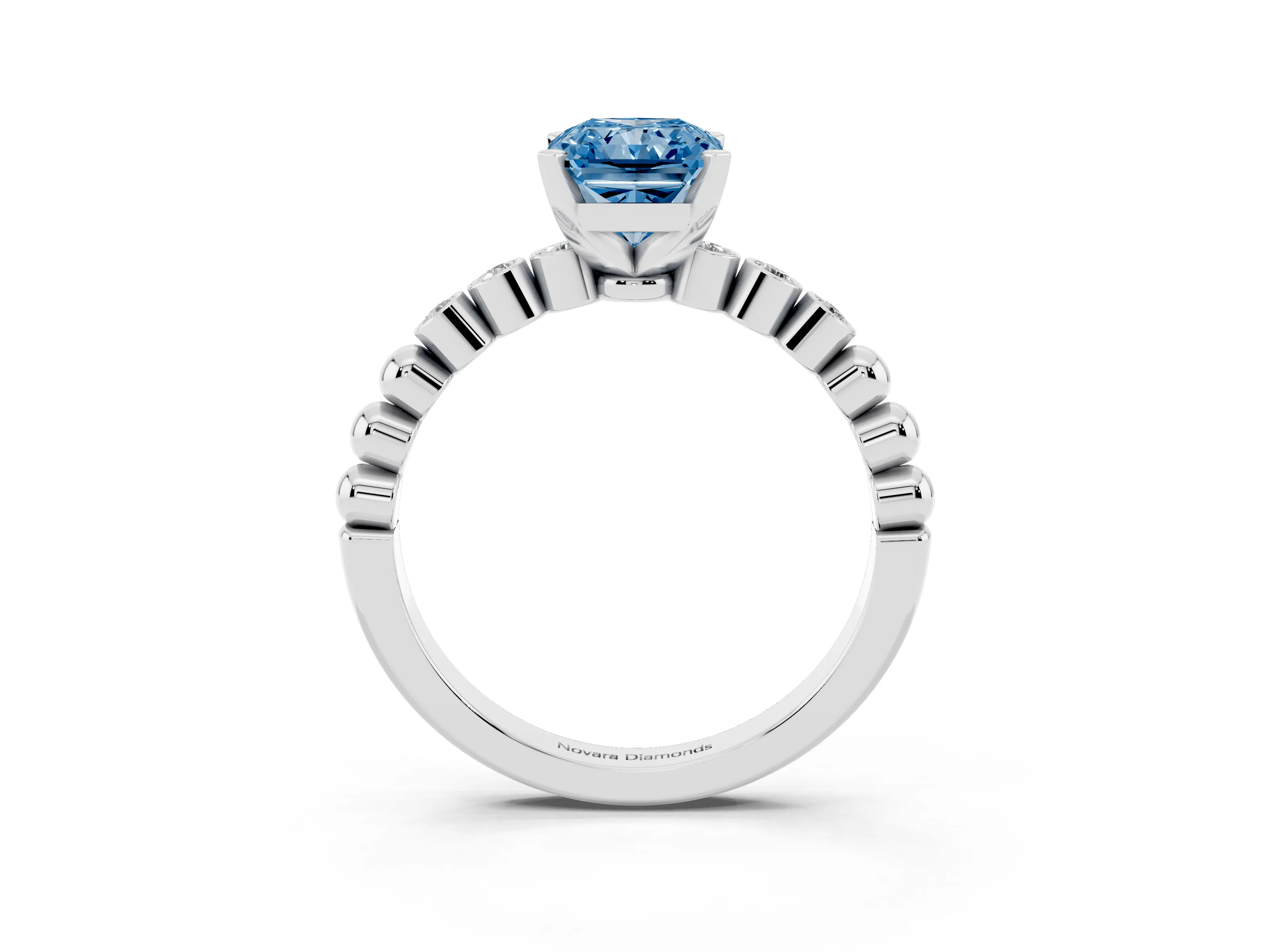 Fancy Blue Radiant Cut Diamond Solitaire Engagement Ring Set in Platinum with Bezel Accents on Beaded Band