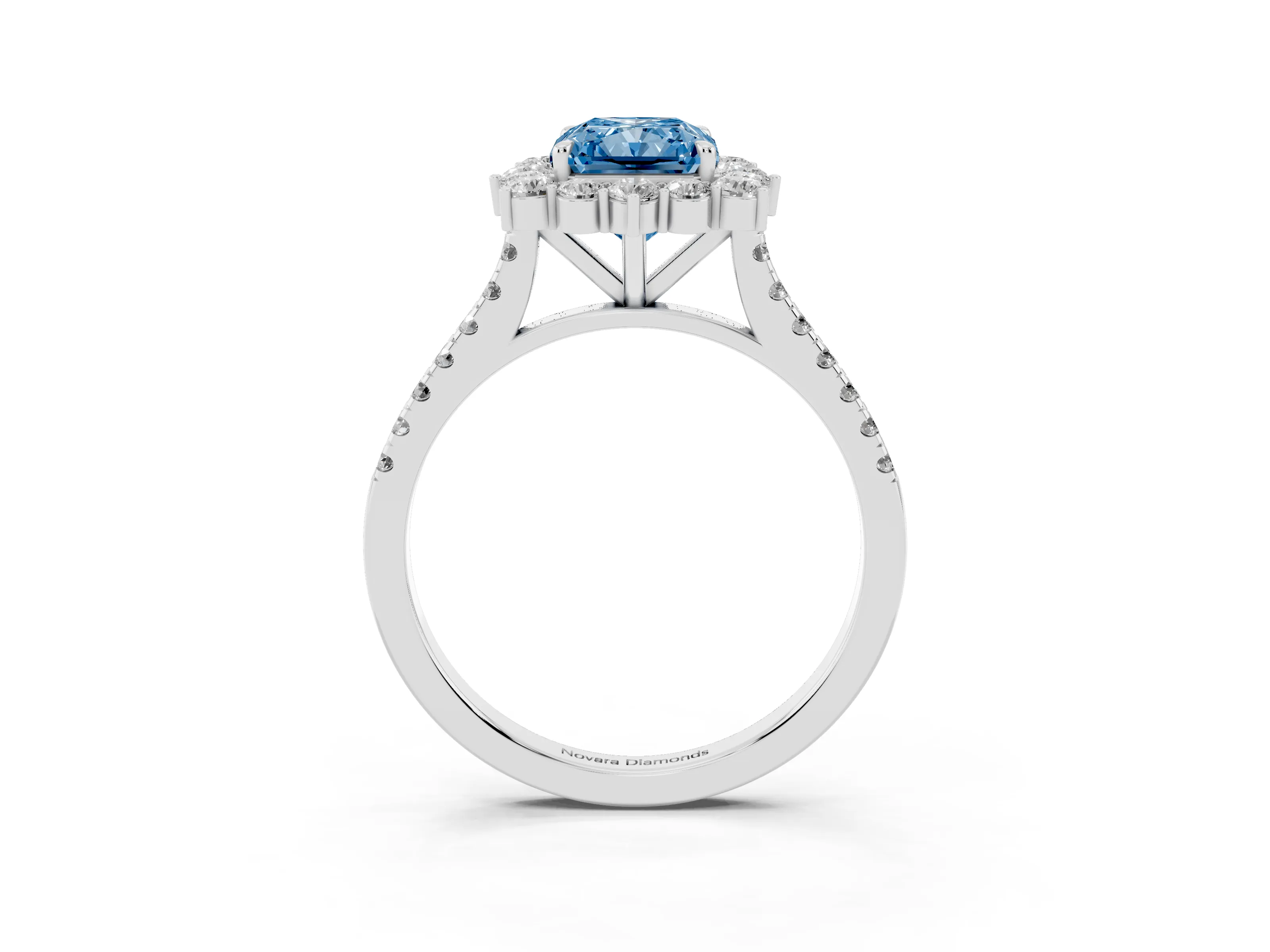 Fancy Blue Radiant Cut Diamond Halo Ring Set in Platinum with Pavé Band and Prong Setting