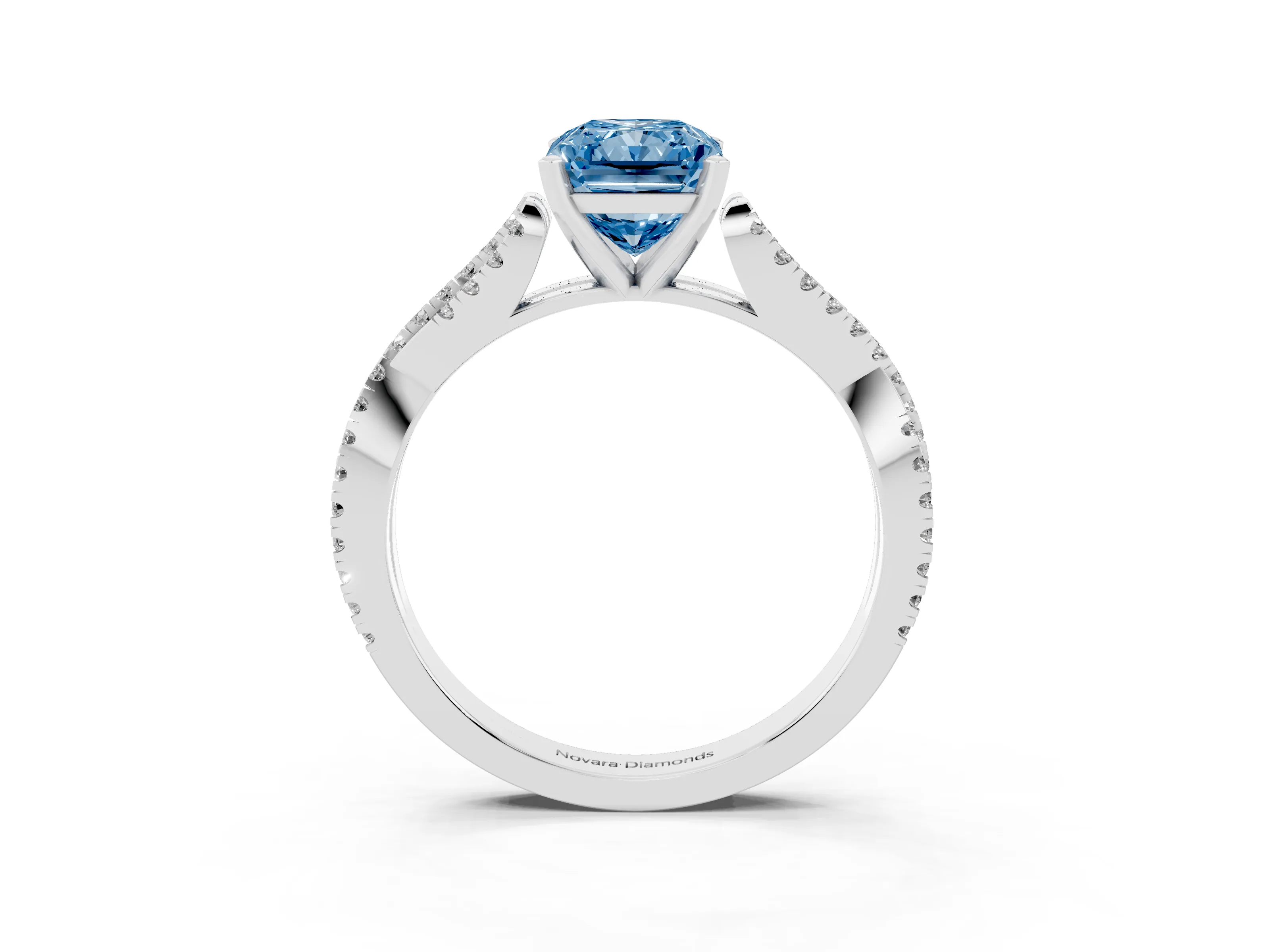 Fancy Blue Radiant Cut Diamond Solitaire Engagement Ring Set in Platinum with Twisted Pavé Band and Prong Setting