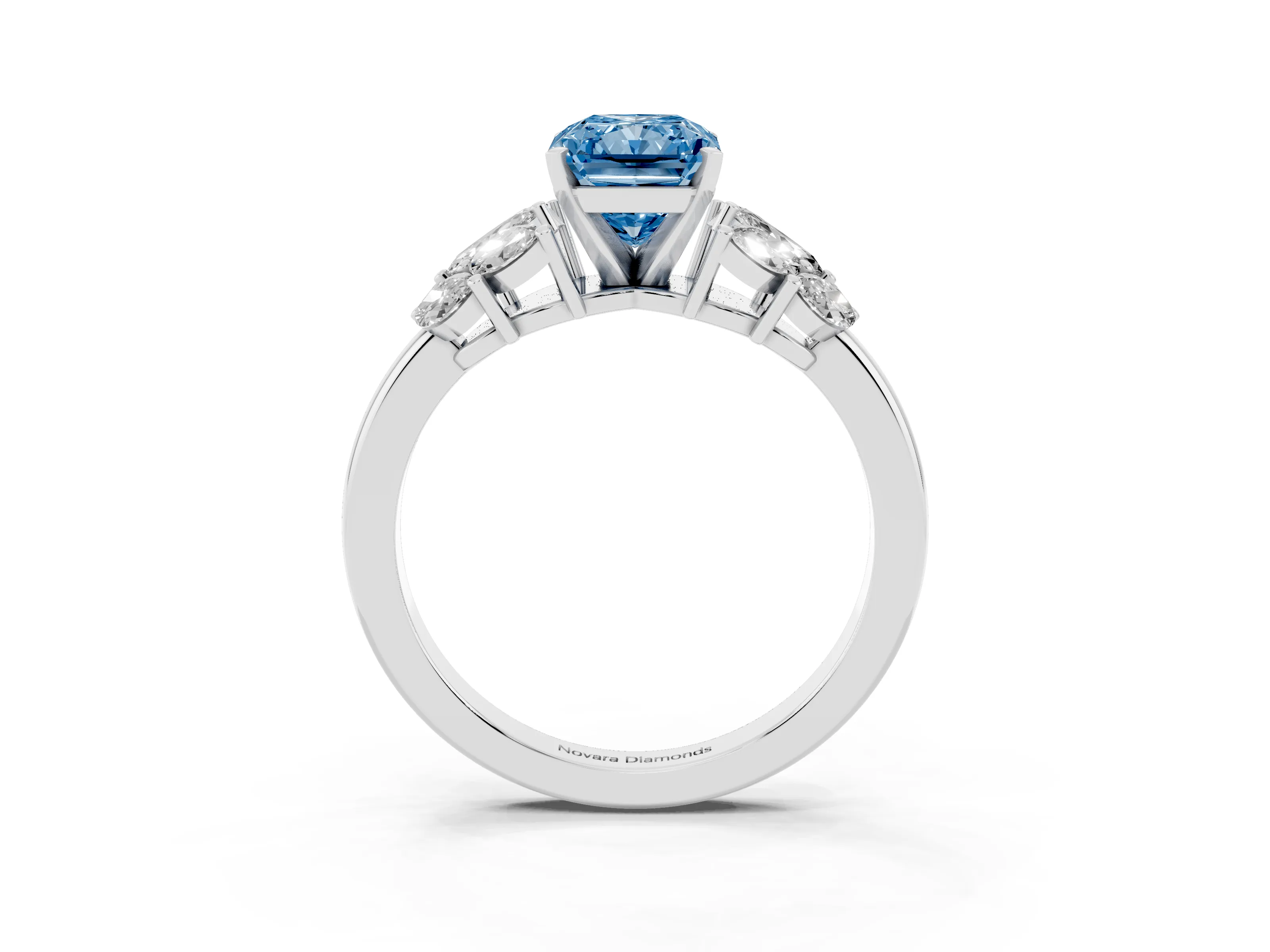 Fancy Blue Radiant Cut Diamond Cluster Leaf Design Ring Set in White gold with Prong Setting