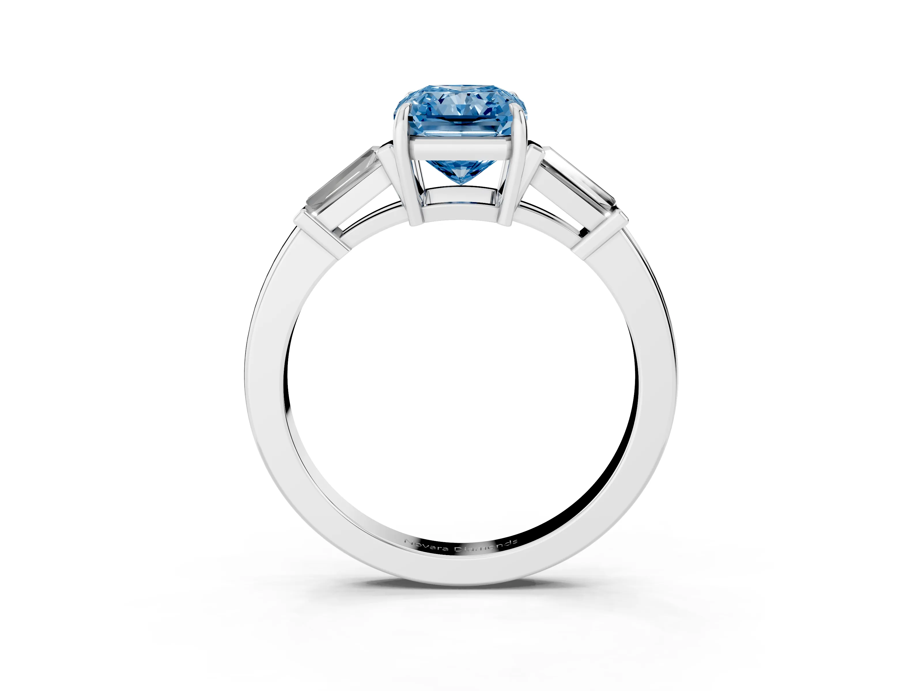 Fancy Blue Radiant Cut Diamond Three-Stone Ring Set in Silver with Tapered Baguette Side Stones and Prong Setting