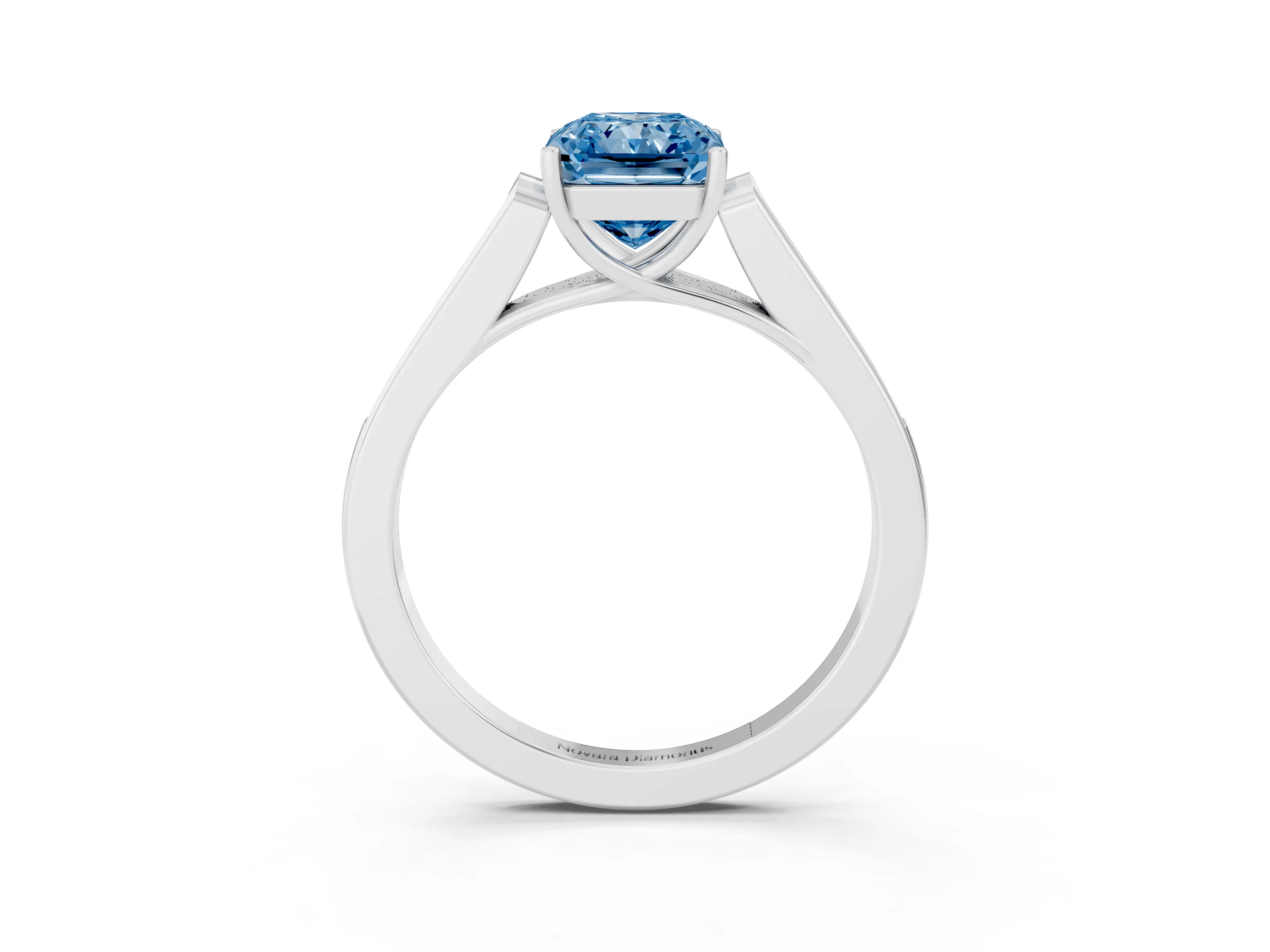 Fancy Blue Radiant Cut Diamond Solitaire Cathedral Engagement Ring Set in Platinum with Channel-Set Band and Prong Setting