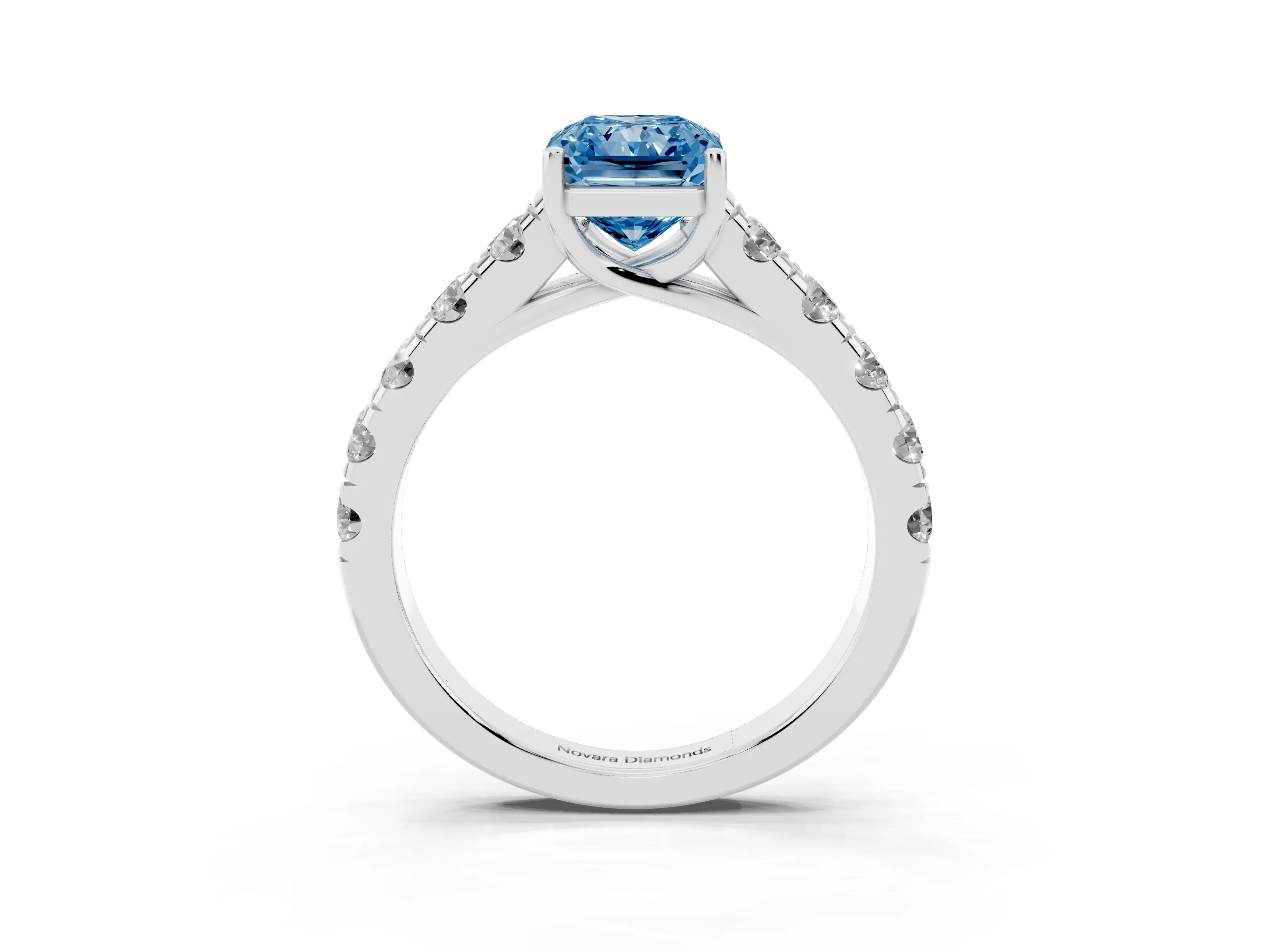 Fancy Blue Radiant Cut Diamond Solitaire Ring Set in Platinum with Cut-Down Micro Pavé Band and Prong Setting