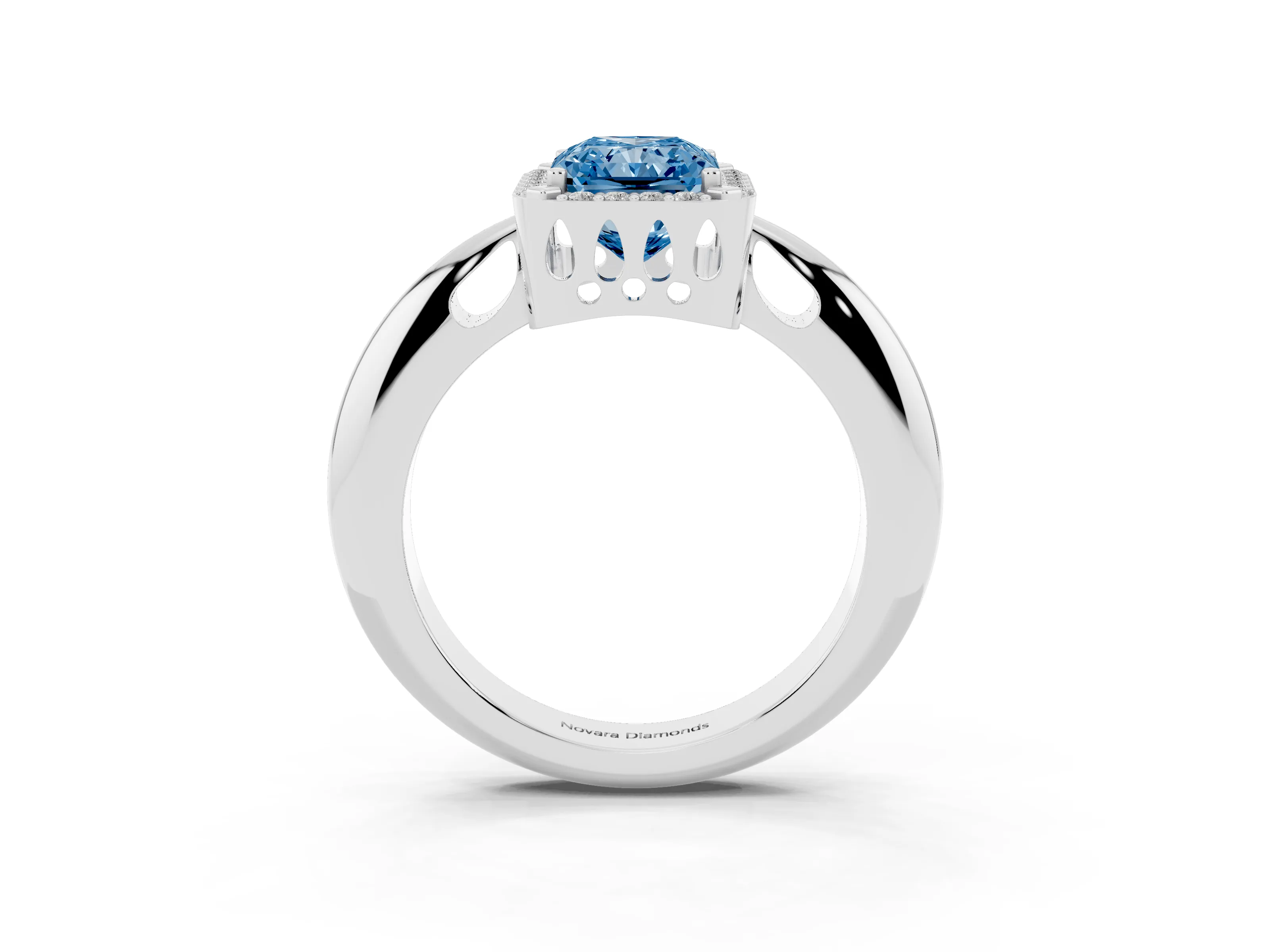 Fancy Blue Radiant Cut Diamond Halo Engagement Ring Set in Platinum with Plain Split Shank and Prong Setting