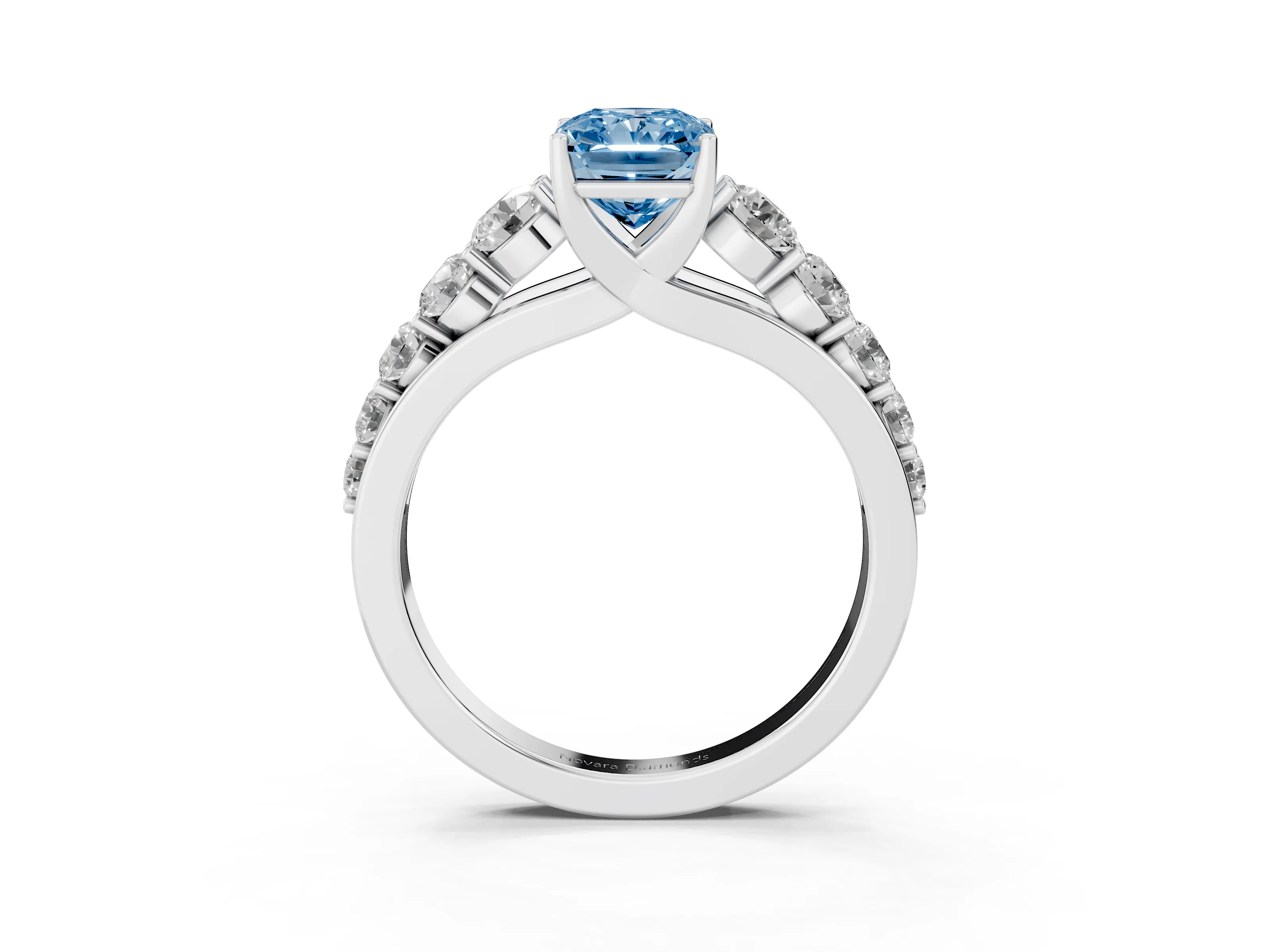 Fancy Blue Radiant Cut Diamond Solitaire Ring Set in Silver with Pavé-Set Band and Prong Setting