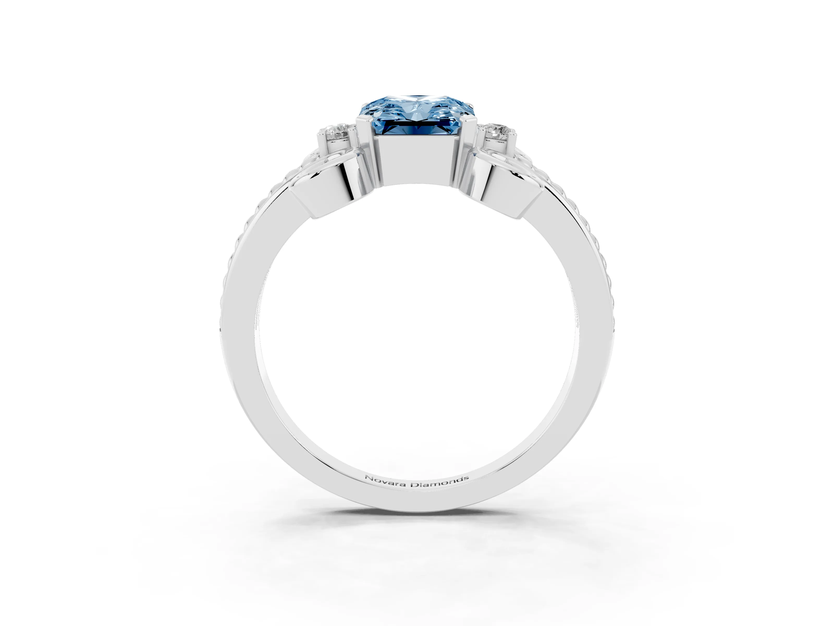 Fancy Blue Radiant Cut Diamond Twisted Band Solitaire Ring Set in Platinum with Scroll Prongs