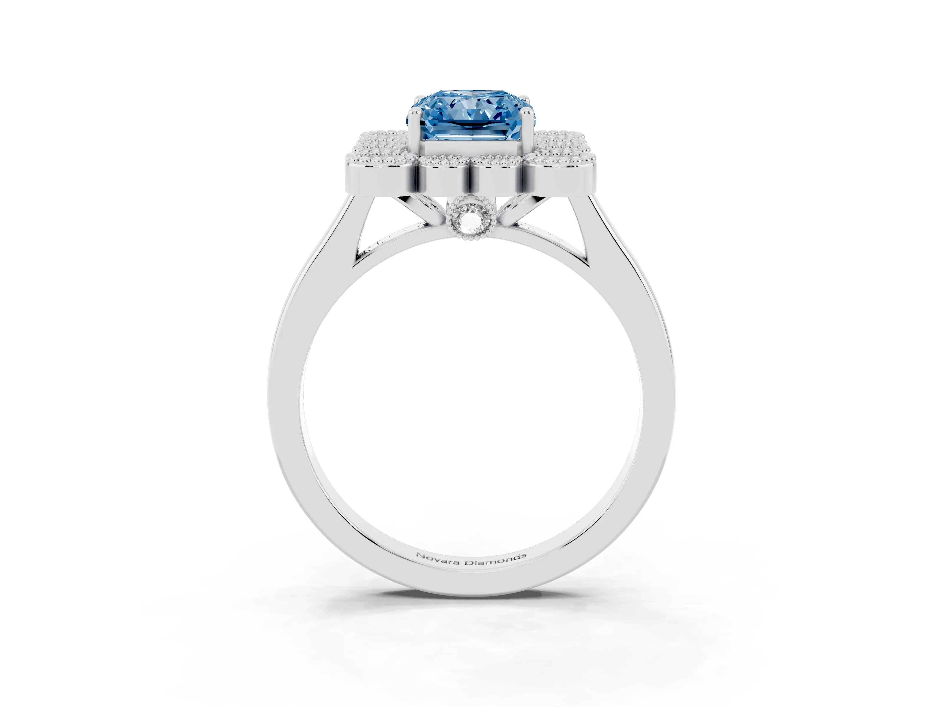 Fancy Blue Radiant Cut Diamond Cluster Halo Ring Set in White gold with Milgrain Bezel Accents and Plain Band