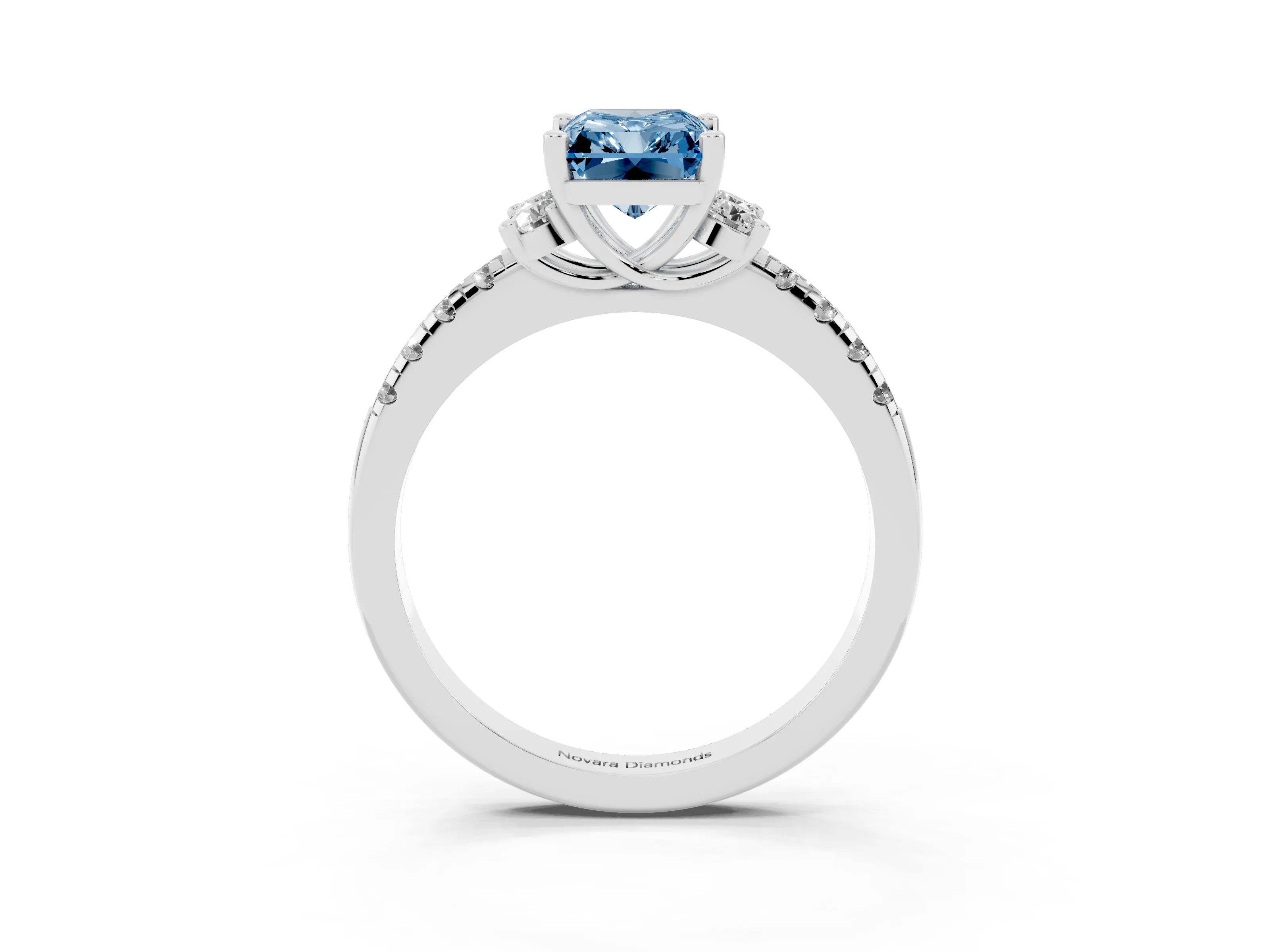 Fancy Blue Radiant Cut Diamond Three-Stone Pavé Ring Set in Silver with Prong Setting