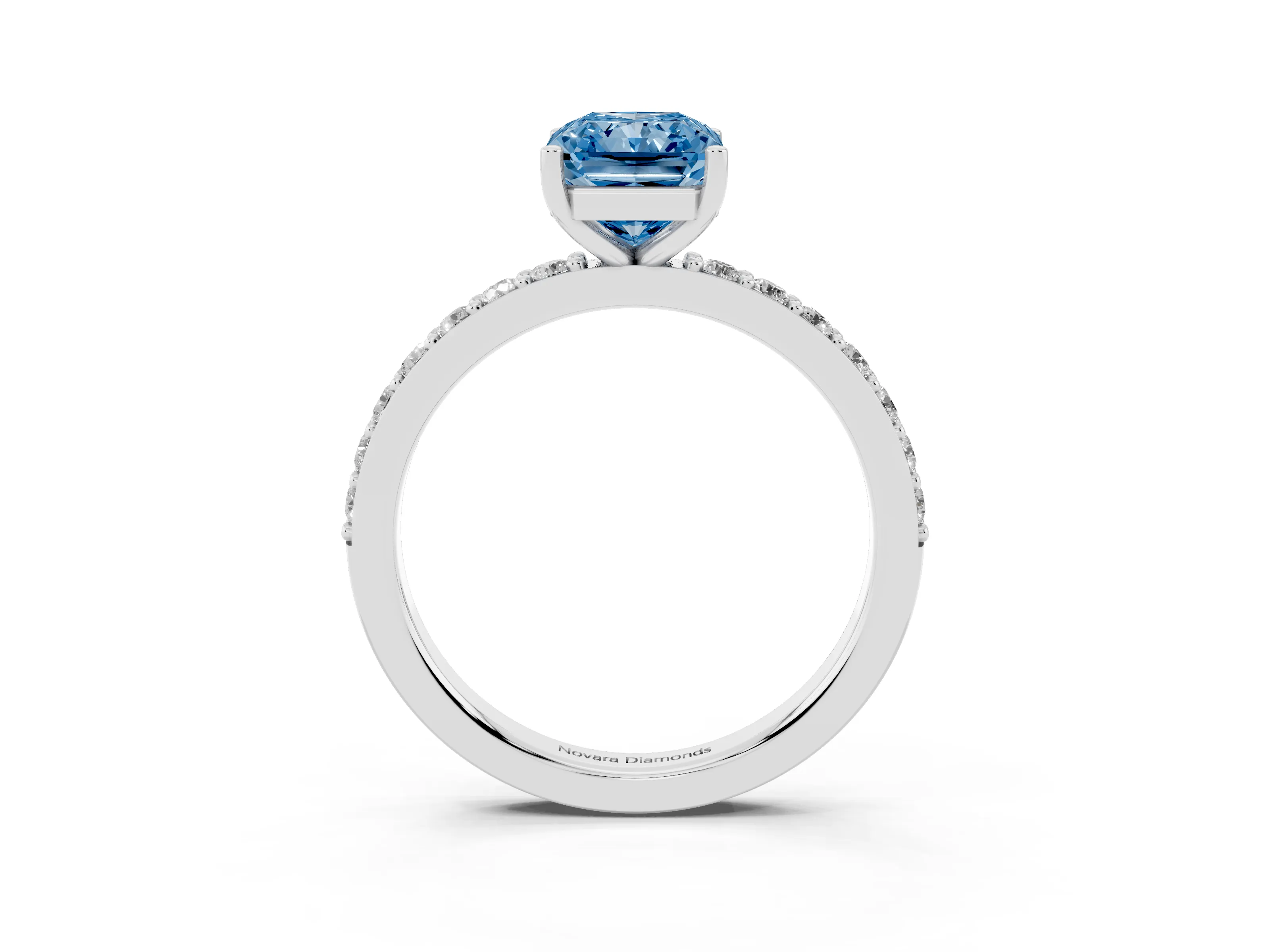 Fancy Blue Radiant Cut Diamond Solitaire Set in Platinum with Round Pavé Band and Prong Setting