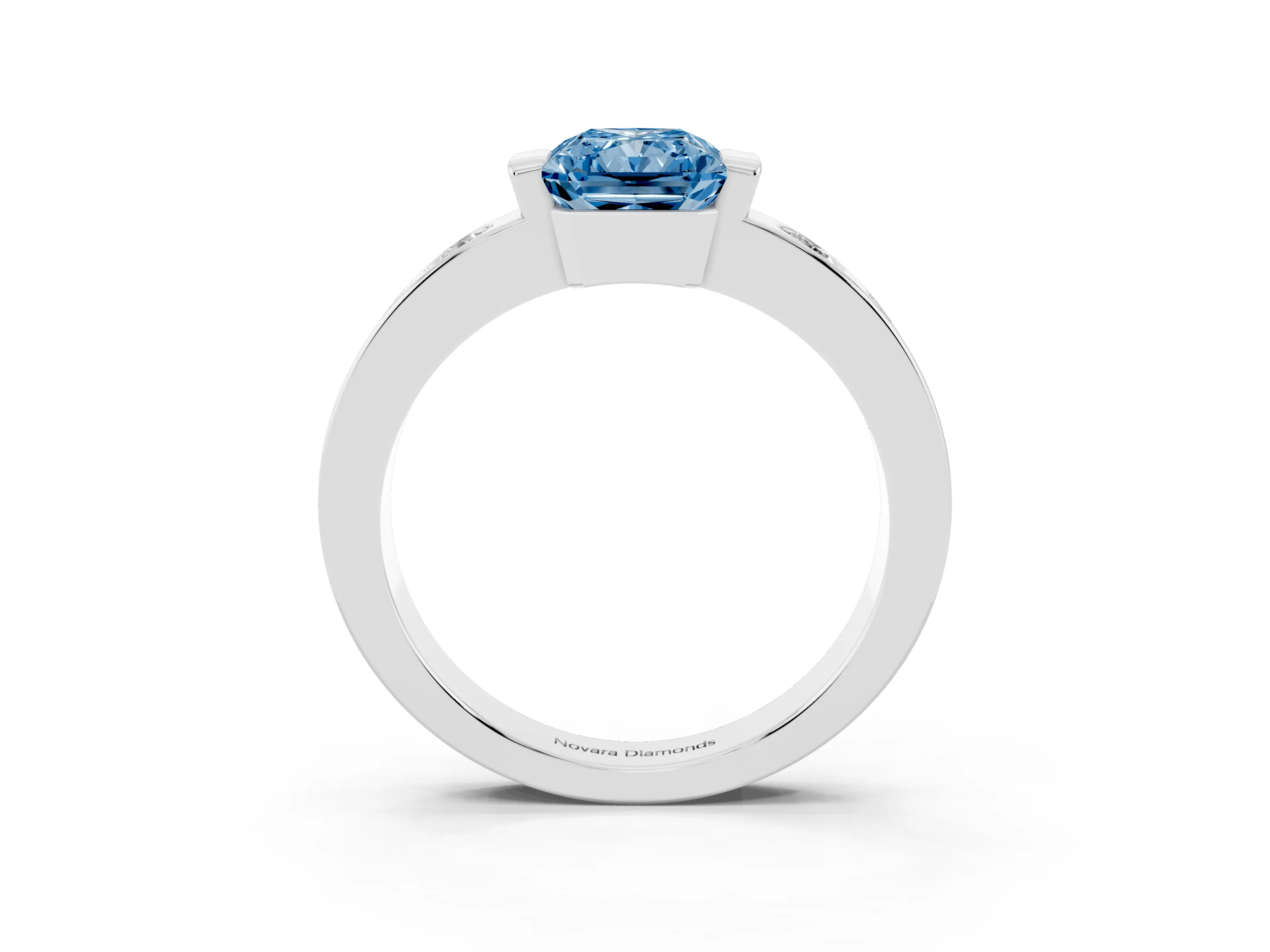 Fancy Blue Radiant Cut Diamond Channel-Set Band Ring Set in White gold with Bezel Prong Setting