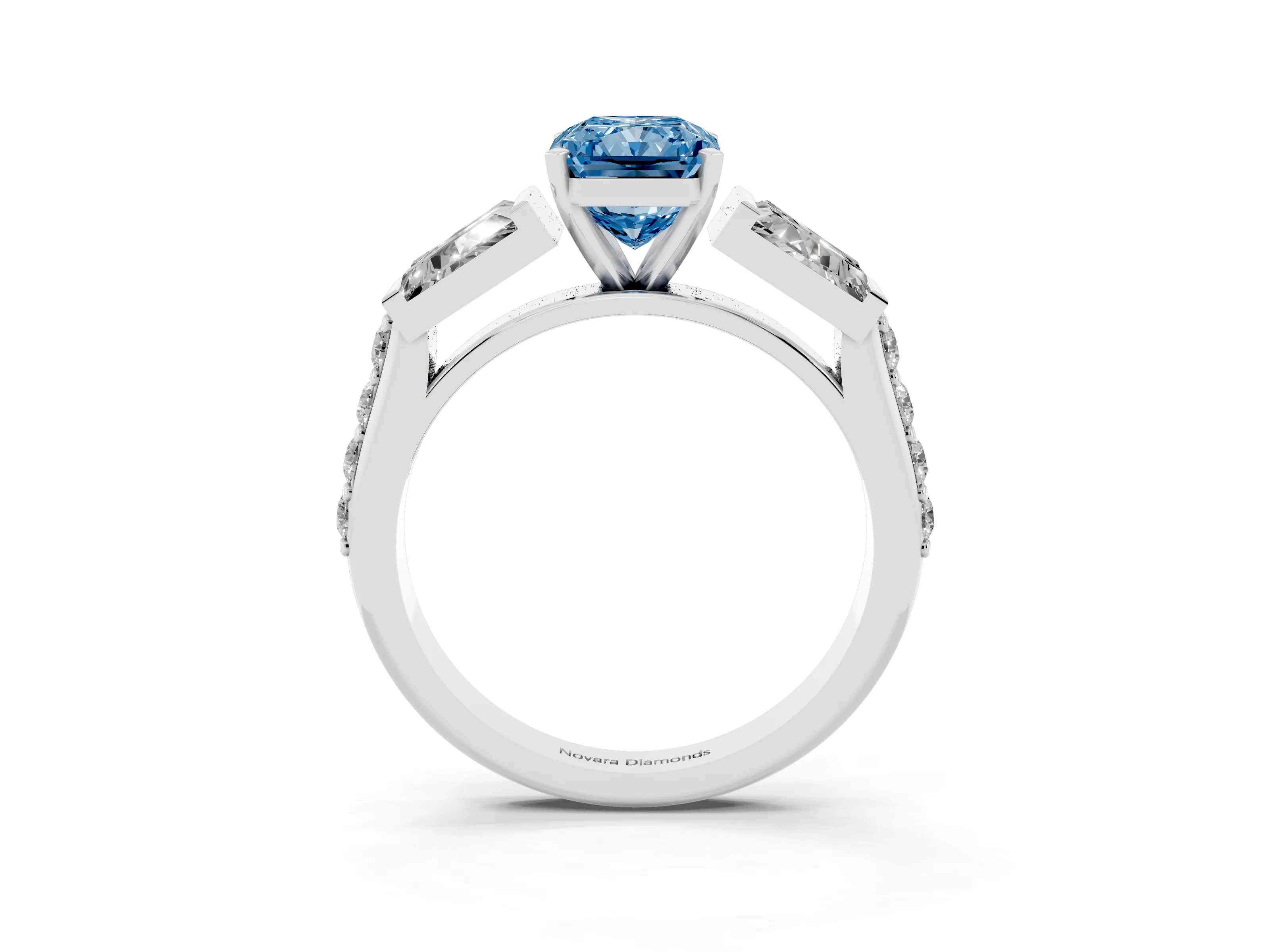 Fancy Blue Radiant Cut Diamond Engagement Ring Set in Silver with Baguette Side Stones and Channel Set Band
