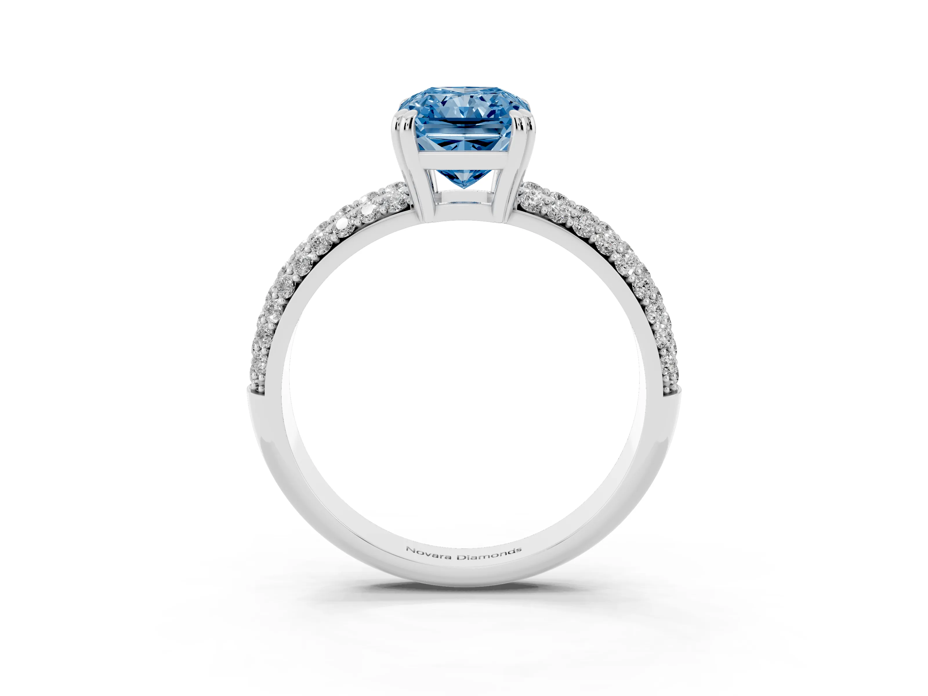 Fancy Blue Radiant Cut Diamond Solitaire Ring Set in Platinum with Multi-Row Round Pavé Band and Prong Setting