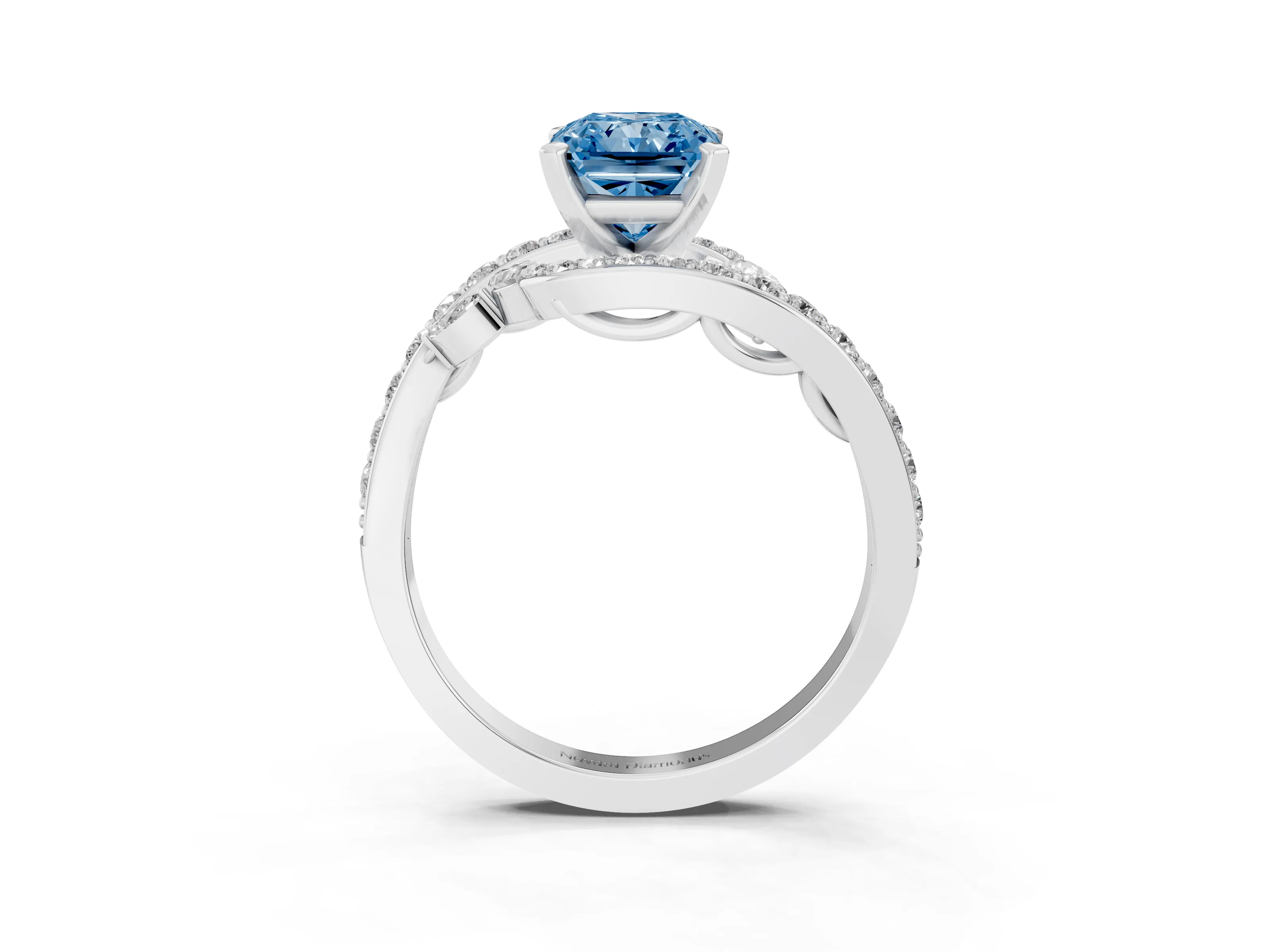 Fancy Blue Radiant Cut Diamond Solitaire Ring Set in Platinum with Pavé Twist Band and Secure Prong Setting