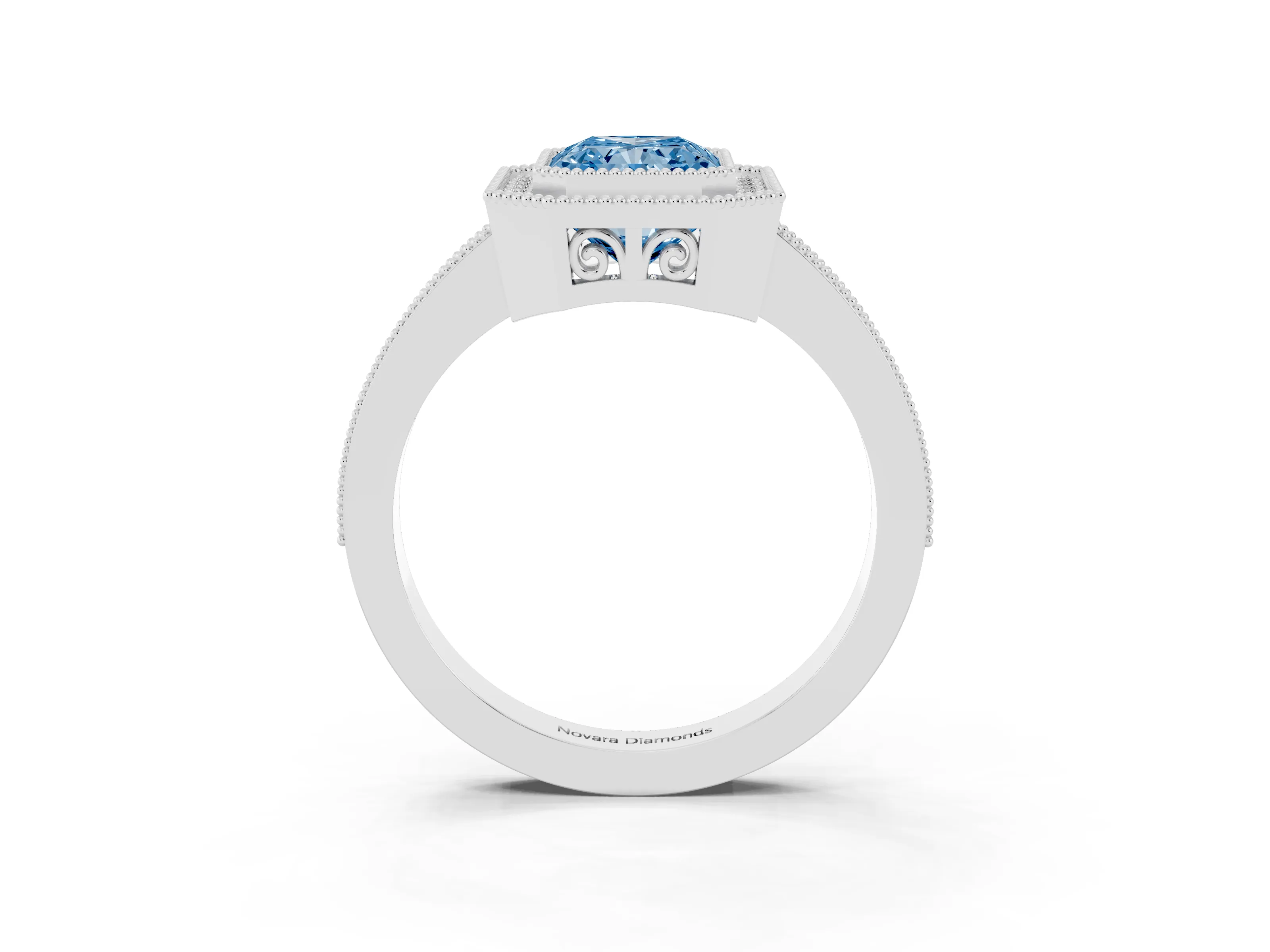 Fancy Blue Radiant Cut Diamond Round Halo Ring Set in White gold with Pavé Band