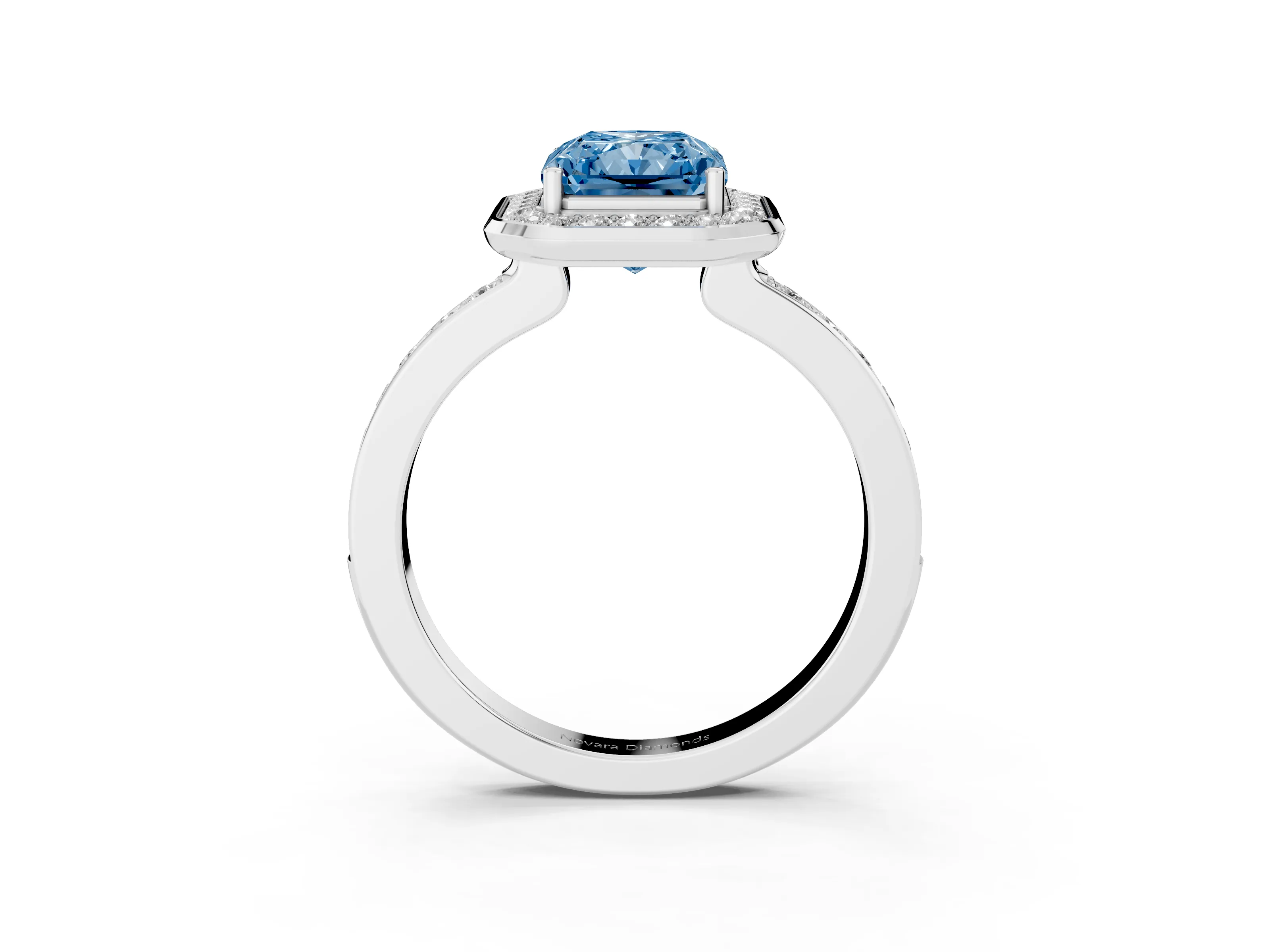 Fancy Blue Radiant Cut Diamond Halo Ring Set in Platinum with Bezel Frame and Pavé Band