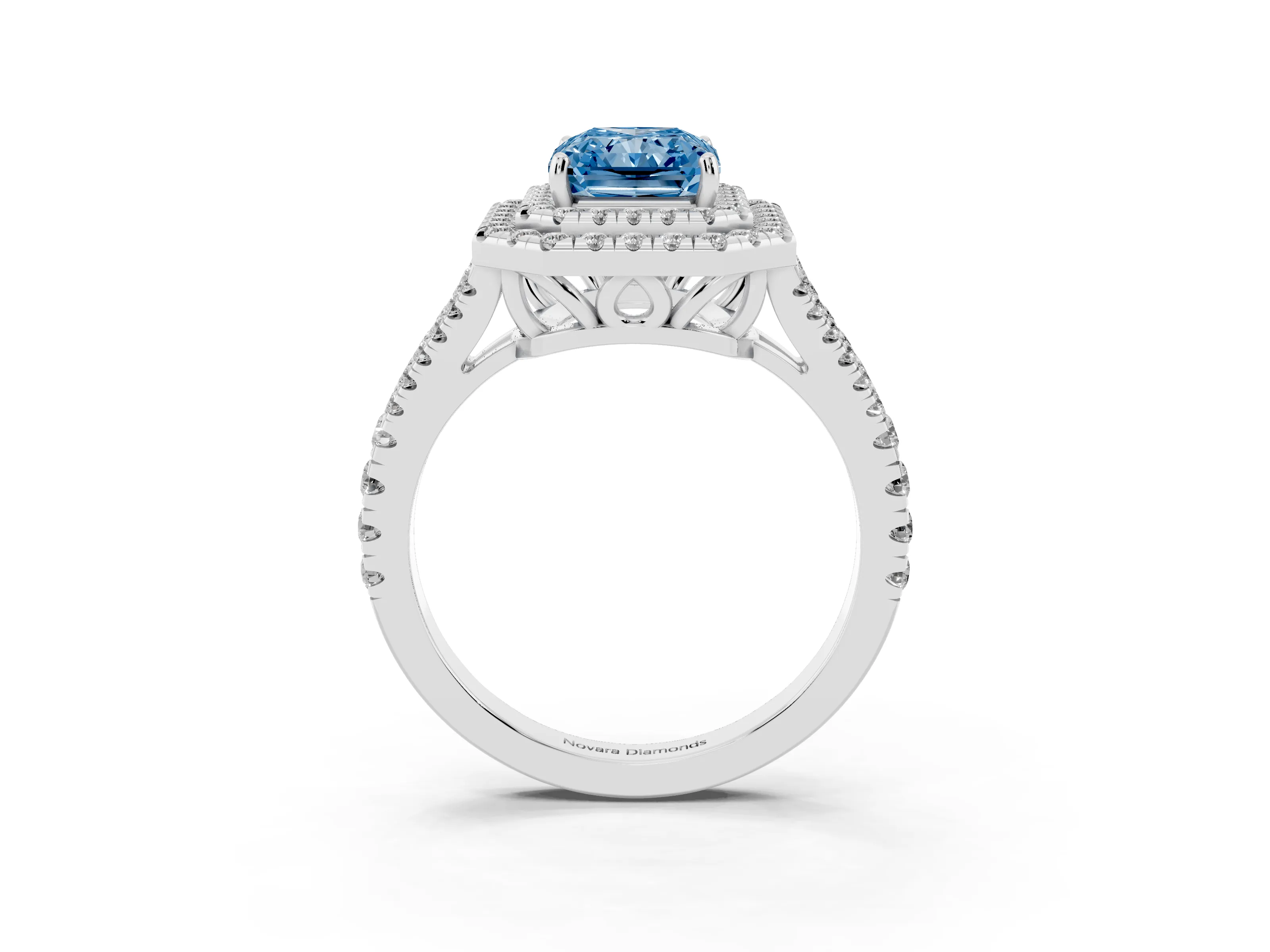Fancy Blue Radiant Cut Diamond Double Halo Ring Set in Silver with Pavé Band