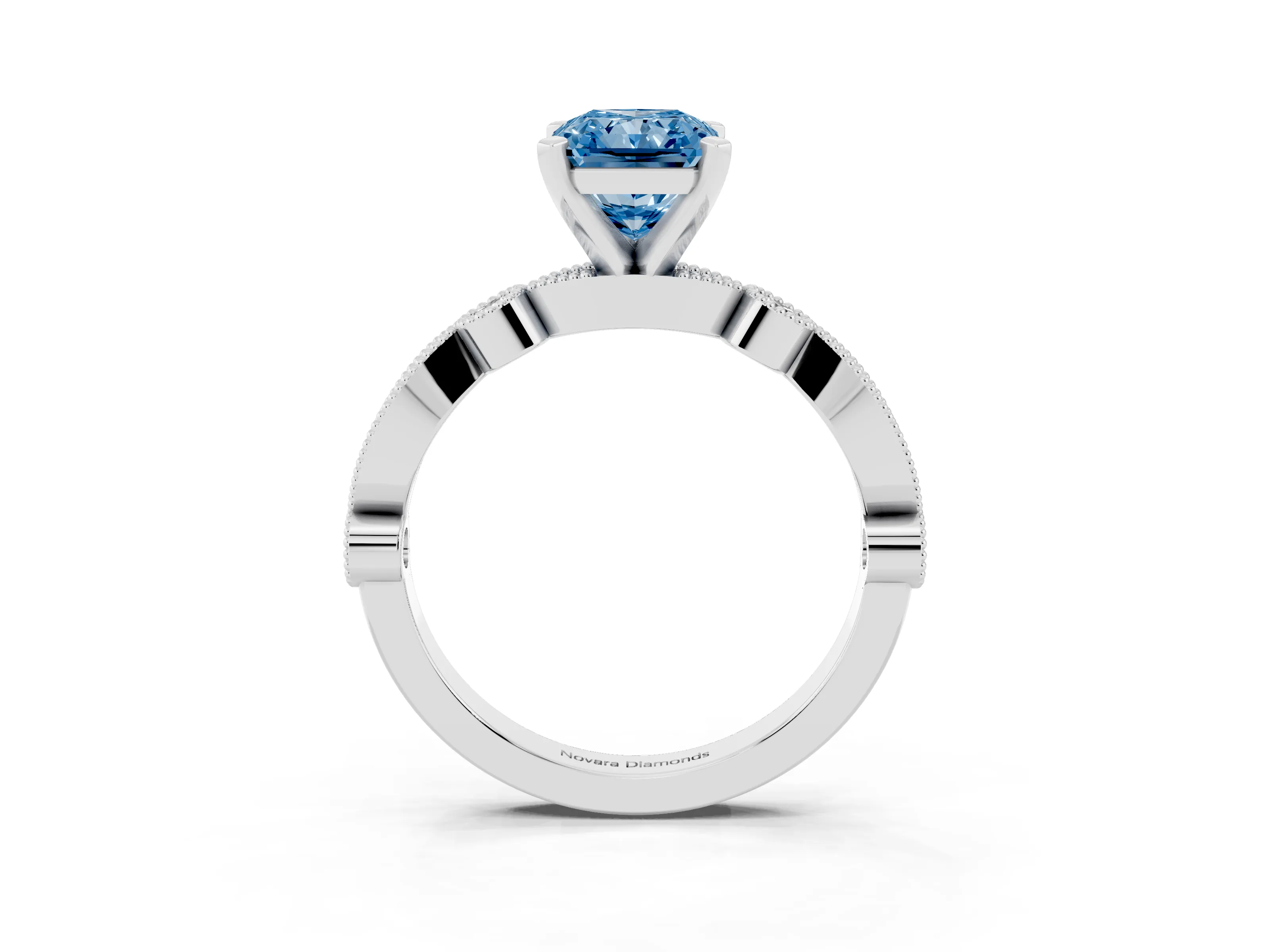 Fancy Blue Radiant Cut Diamond Solitaire Engagement Ring Set in Silver with Milgrain Bezel Accent Band