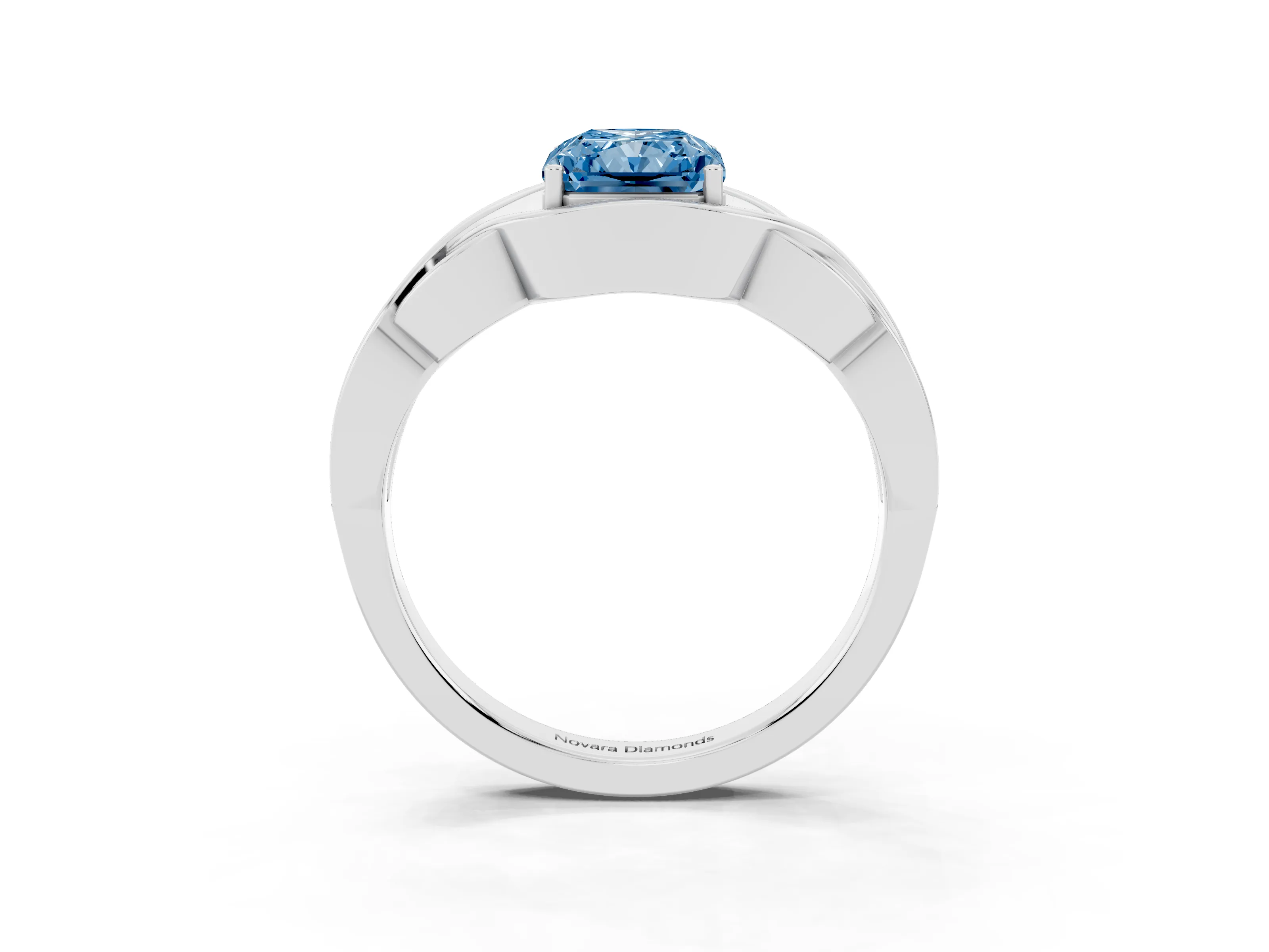 Fancy Blue Radiant Cut Diamond Solitaire Ring Set in Platinum with Intertwined Band