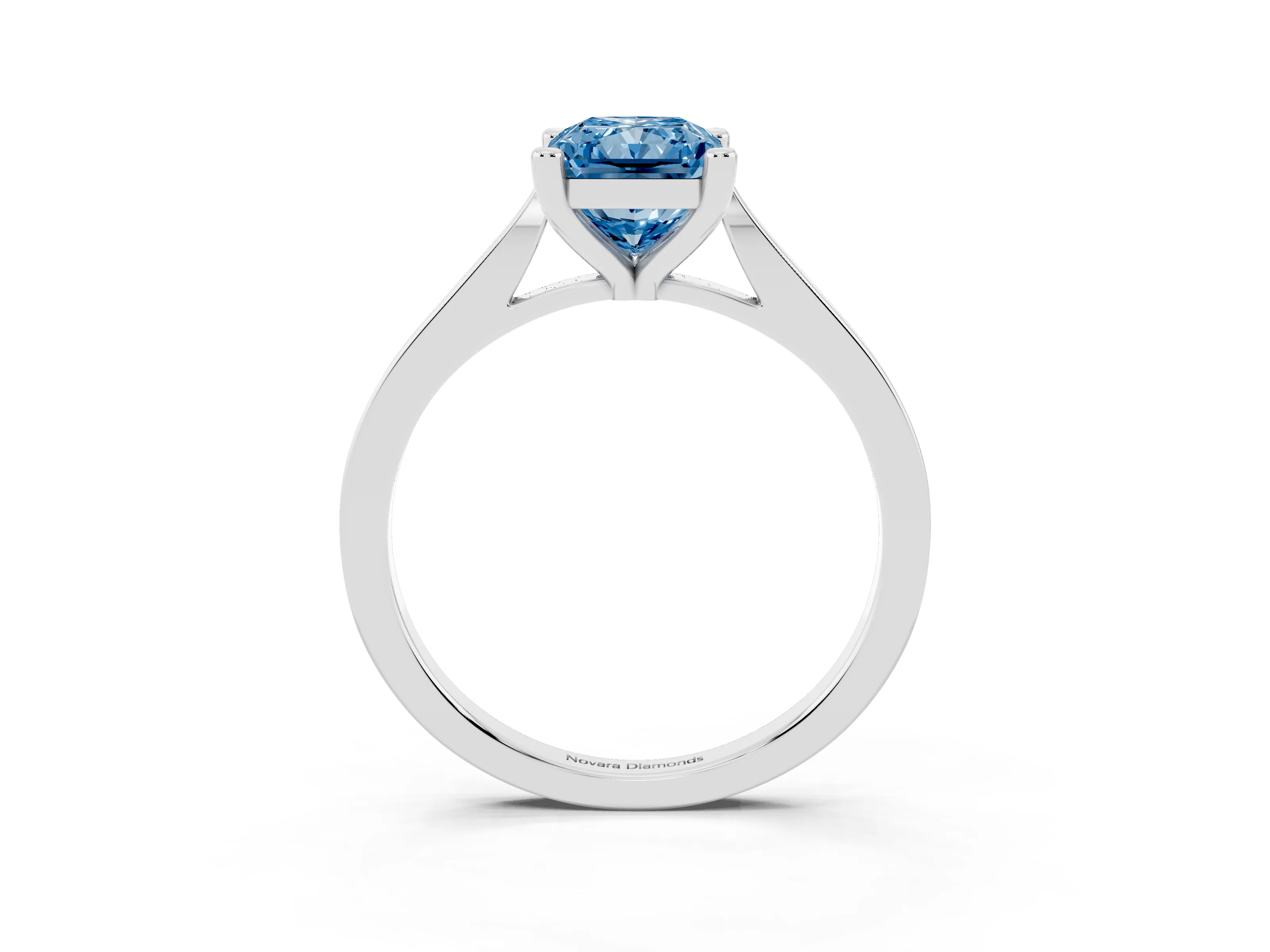 Fancy Blue Radiant Cut Diamond Solitaire Ring Set in White gold with Prong Setting and Tapered Band