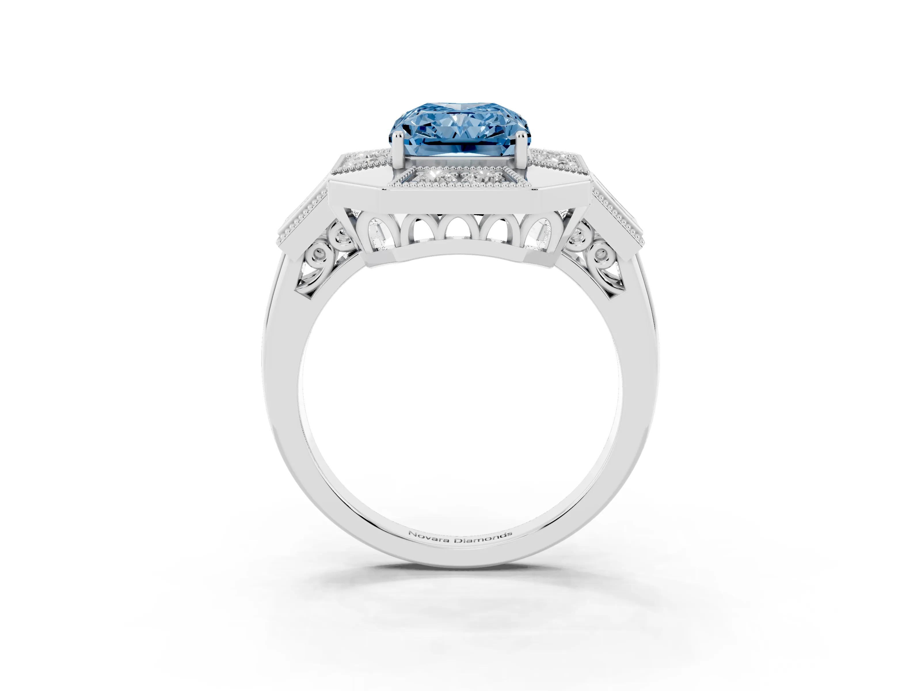 Fancy Blue Radiant Cut Diamond Milgrain Halo Ring Set in Platinum with Split Shank