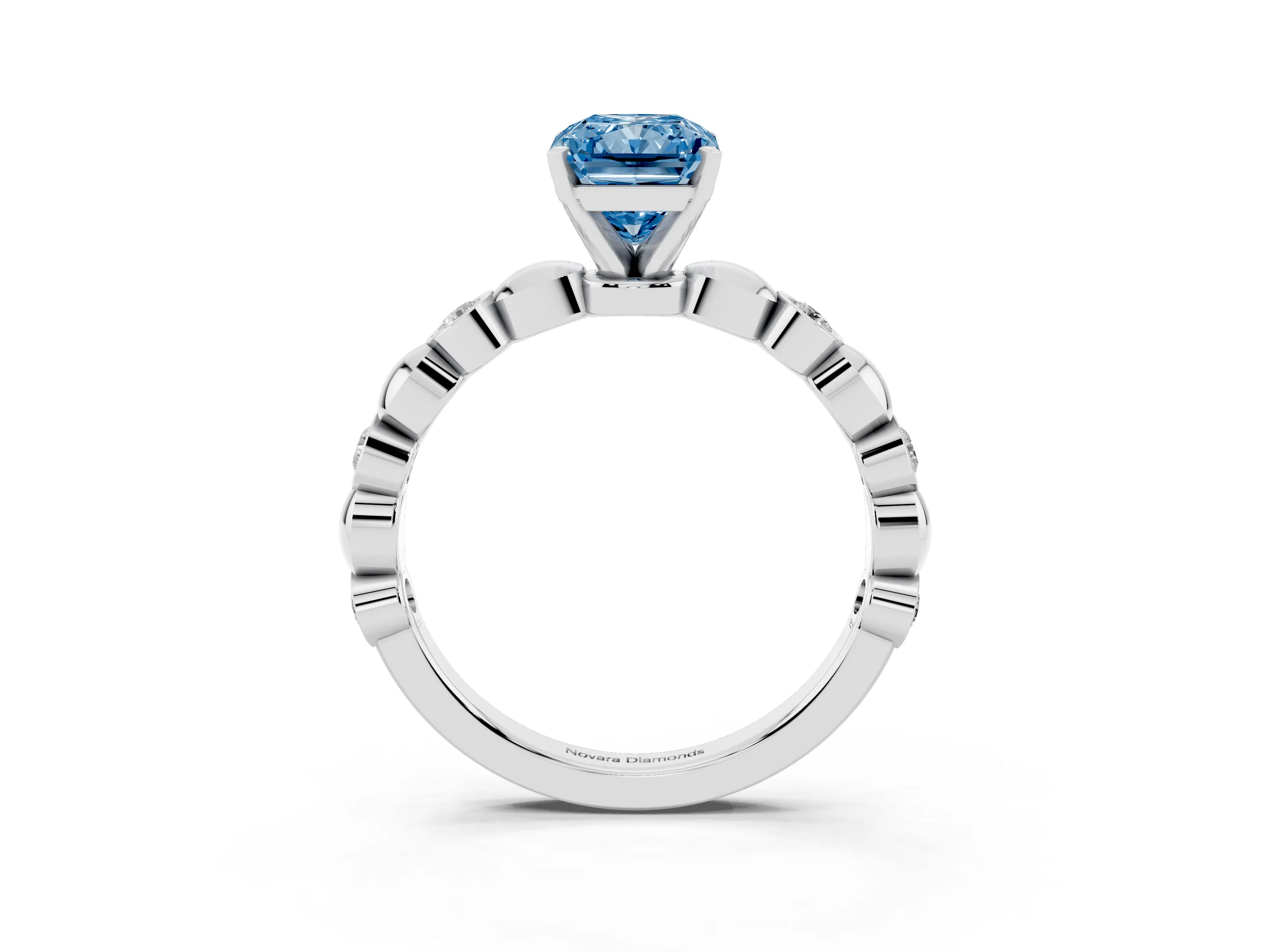 Fancy Blue Radiant Cut Diamond Solitaire Ring Set in White gold with Bezel-Set Accents on Beaded Band and Prong Setting